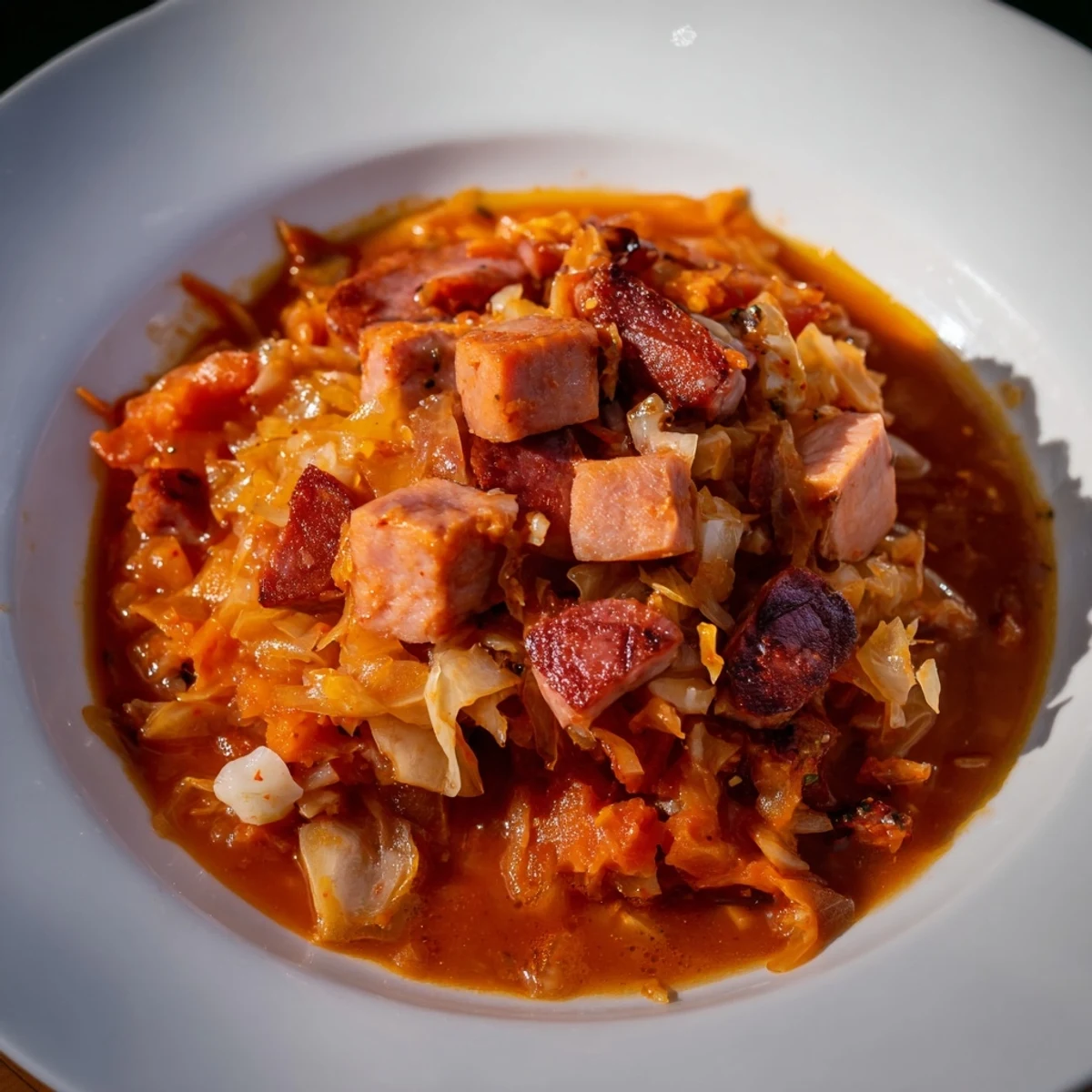 Aromatyczny Sriracha Bigos Fusion: gęsty gulasz z dymionym mięsem i pikantnym sriracha.