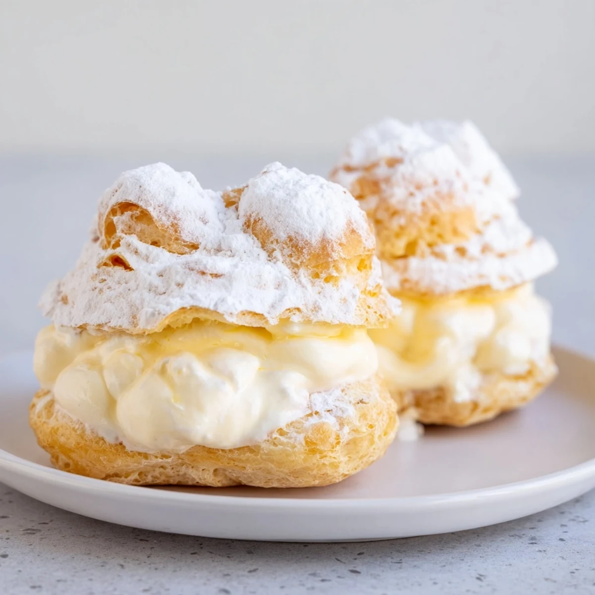 Rustic Chaos Karpatka dessert, featuring airy choux pastry and creamy vanilla custard layers, ready to serve.