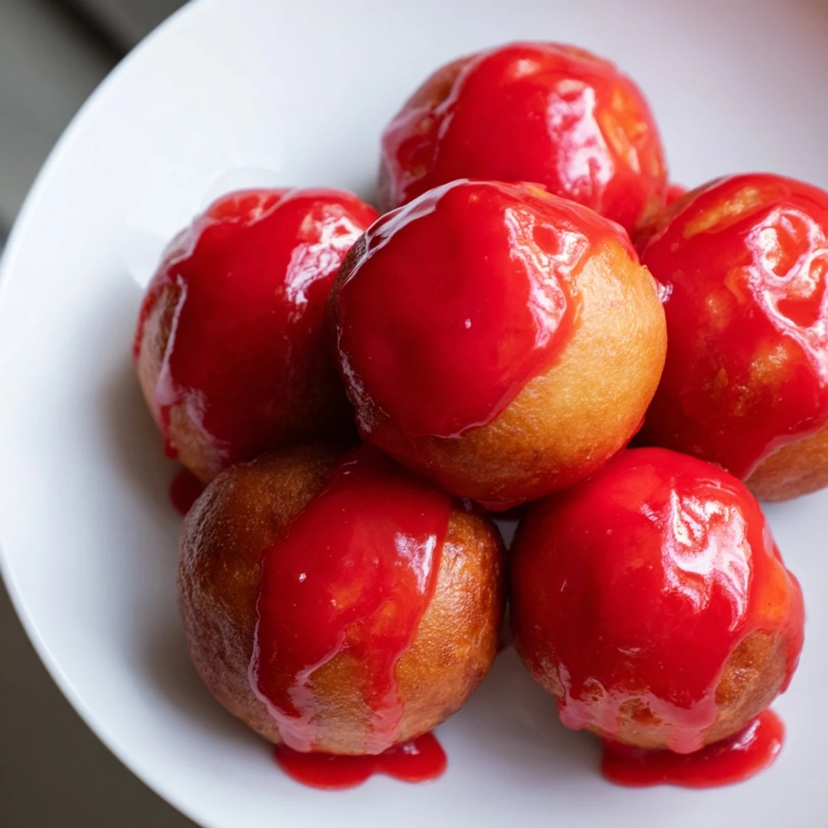Golden-fried Mini Pączki Holes glazed with vibrant cherry are irresistible Polish treats.