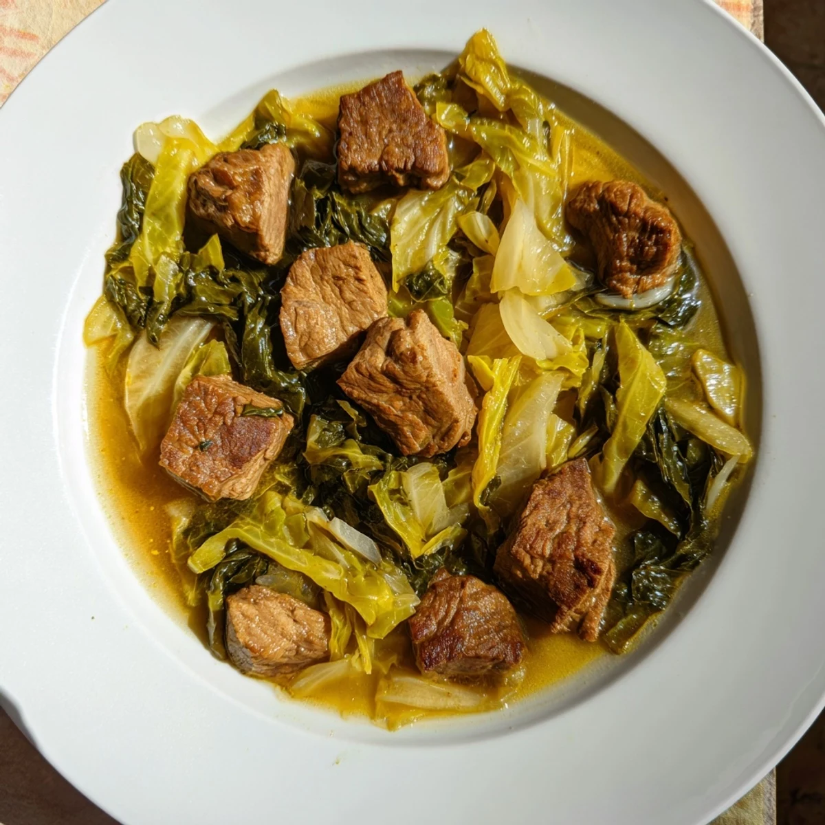 Aromatyczny gulasz z kapusty i wieprzowiny, podany z rustykalnym chlebem, pachnący obiadem.