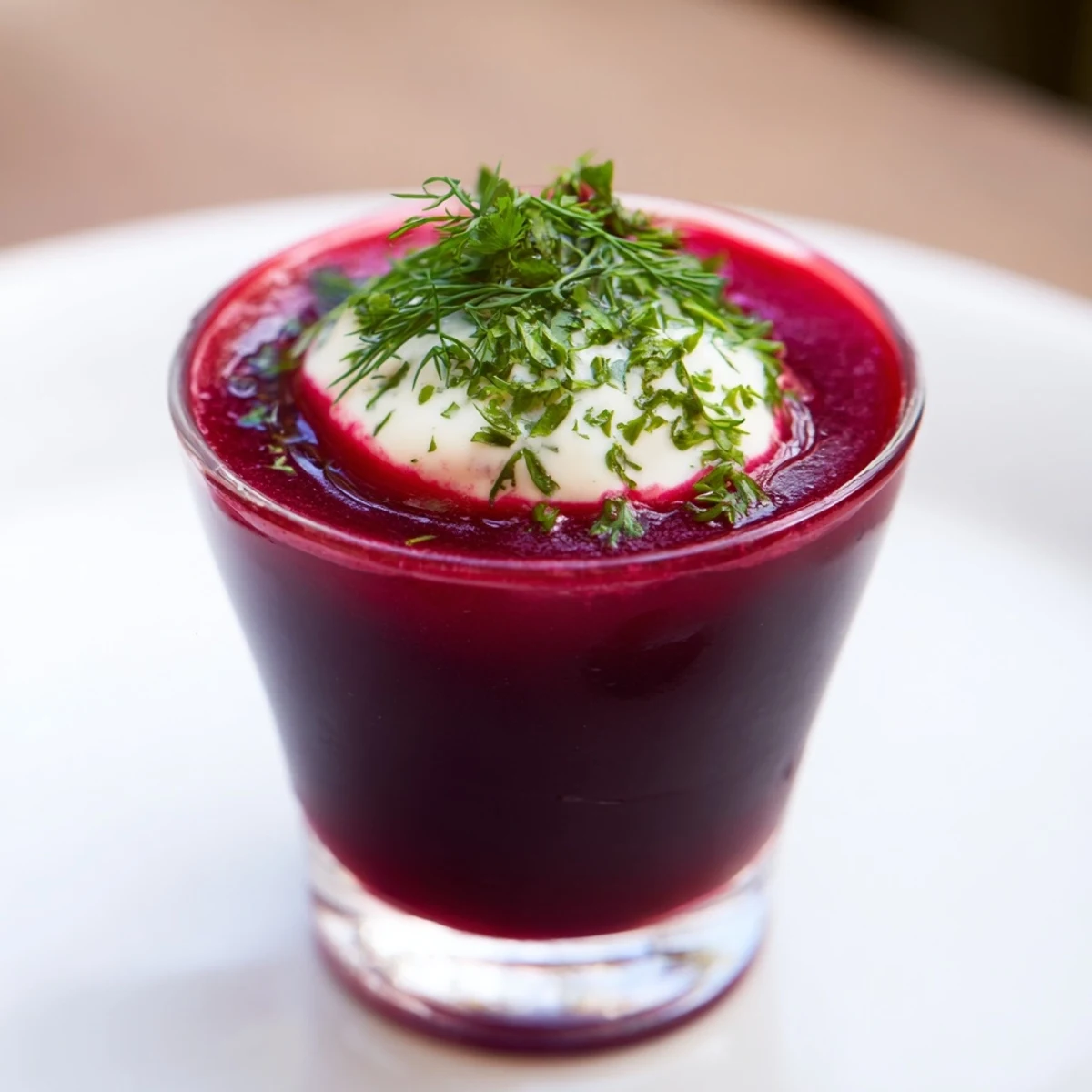 Chilled shot of vibrant beetroot Quick Barszcz, topped with creamy yogurt and fresh dill.