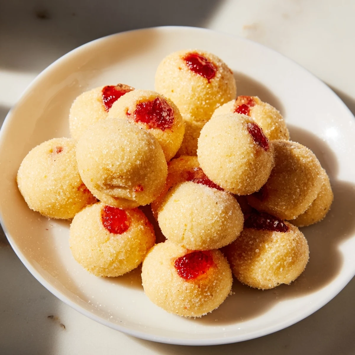 Golden-brown Budget Paczki Mini Bites, warm from frying, ready to be filled with sweet jam.