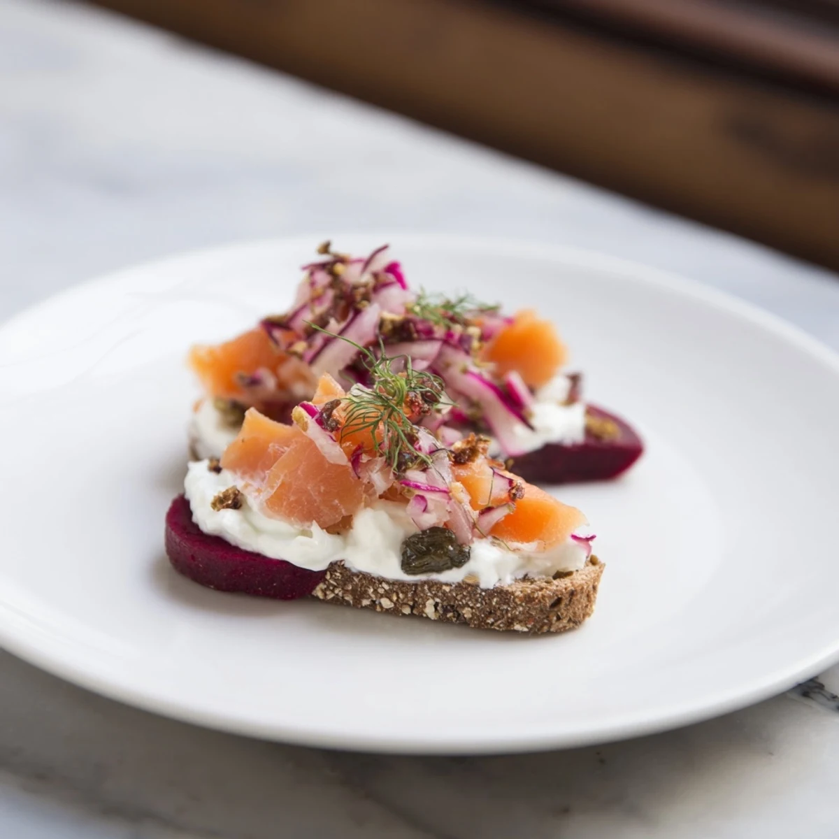 Express Herring & Beet Tartine on rye bread, showcasing vibrant red beets and creamy yogurt.