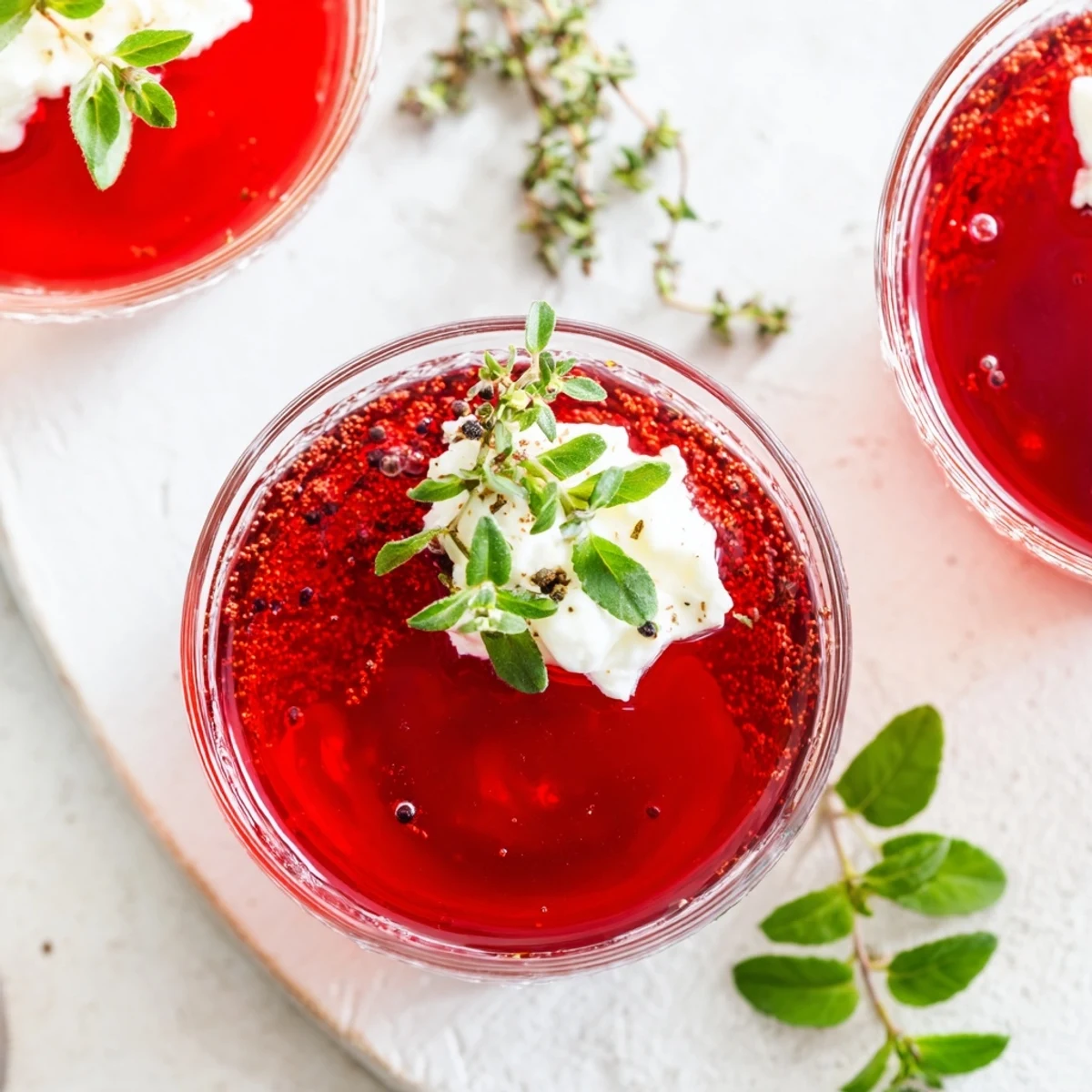 Earthy red hue of the gorgeous Simplified Barszcz Spiced Jelly as it sets in serving glasses.