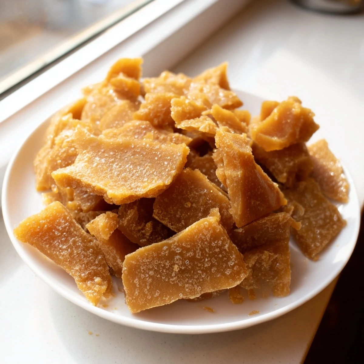 Golden and glistening Polish honey candy, cooling on parchment, ready for sweet bites.