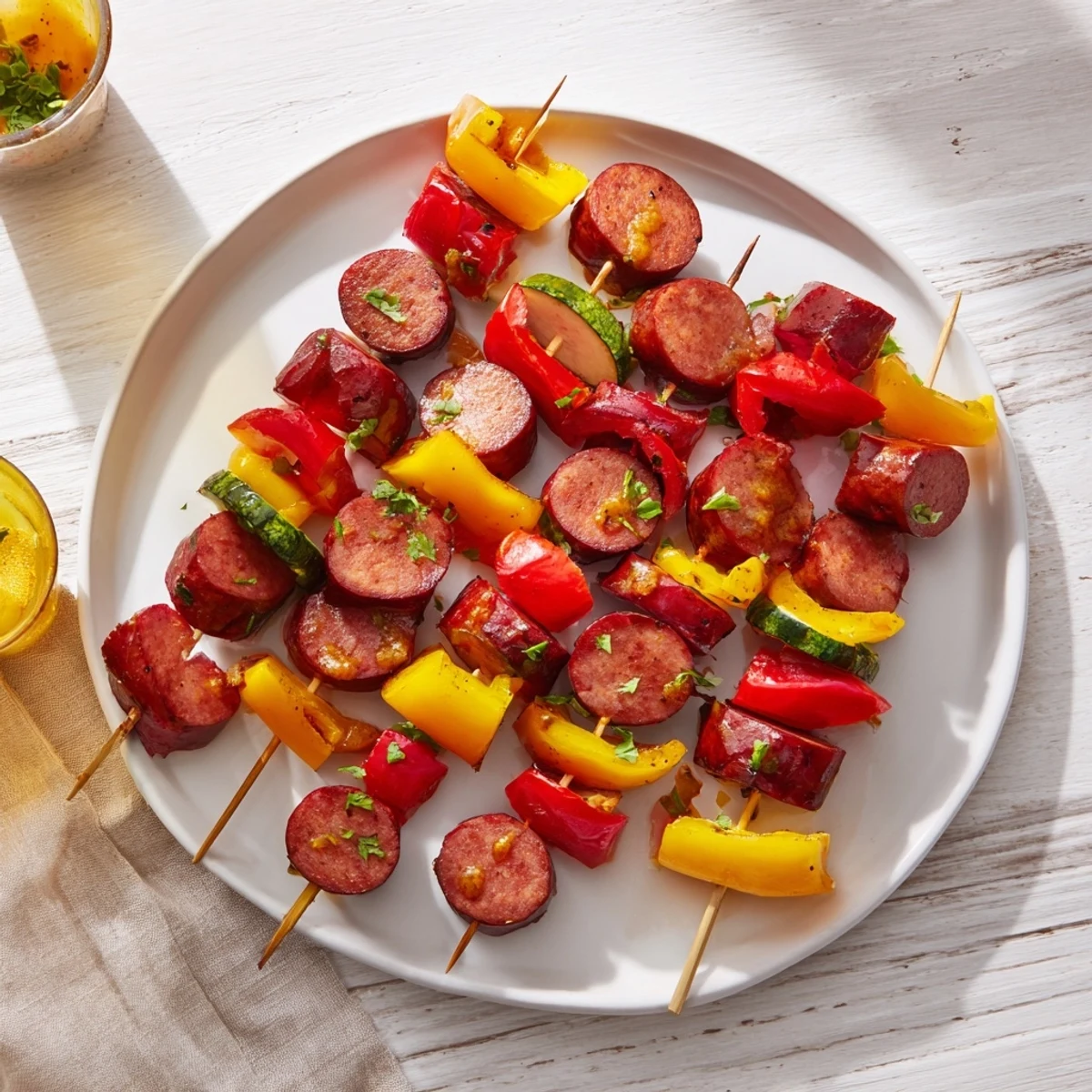 Lightened Kielbasa Appetizer Skewers glistening with a tangy glaze, ready to serve as a tasty party snack.