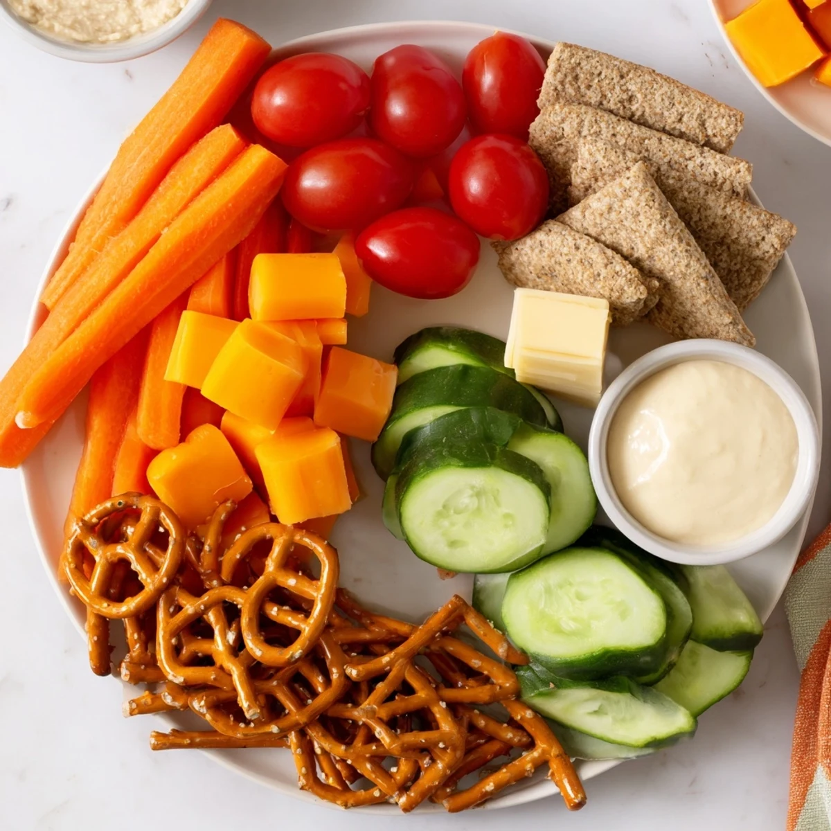 Smaczny zestaw przekąsek Fox & Friends, z warzywami, owocami, serami i dipami ułożone na tacy.