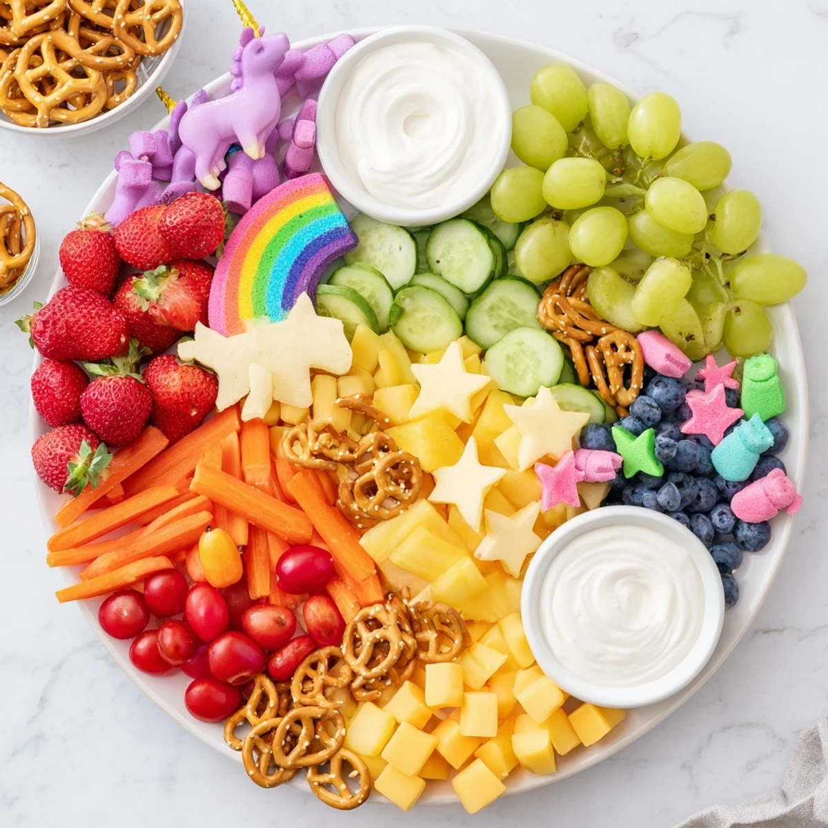 Colorful Unicorn Party Platter with fresh fruit, veggies, and magical unicorn candies displayed invitingly.