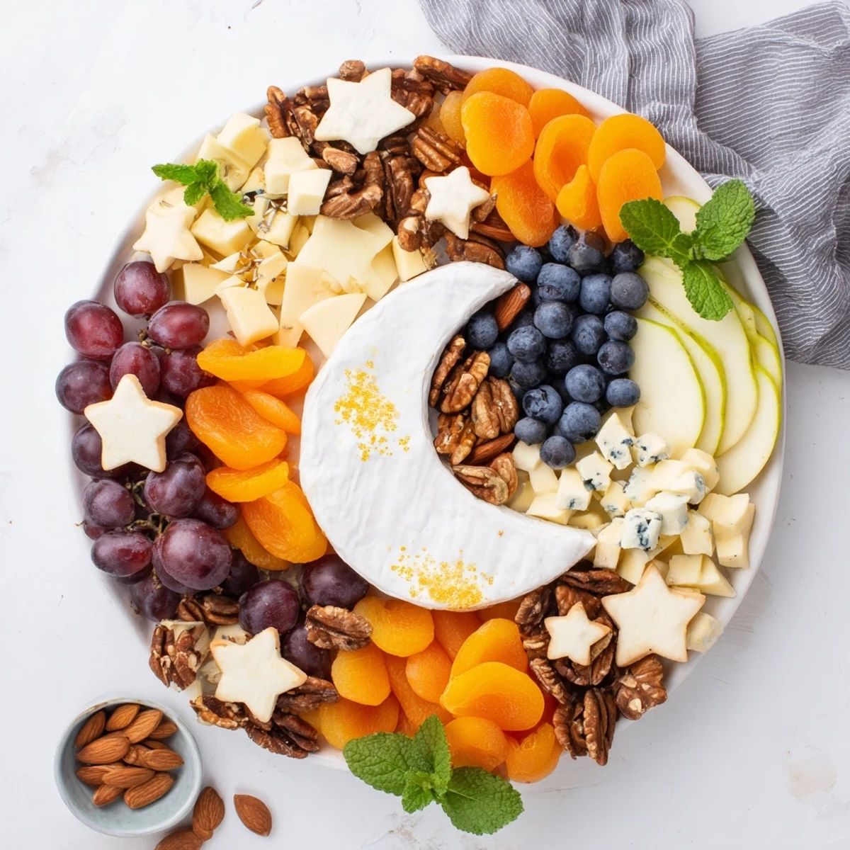 Moon & Stars Night Board with cheeses, fruits, and star cookies, ready to serve and share.