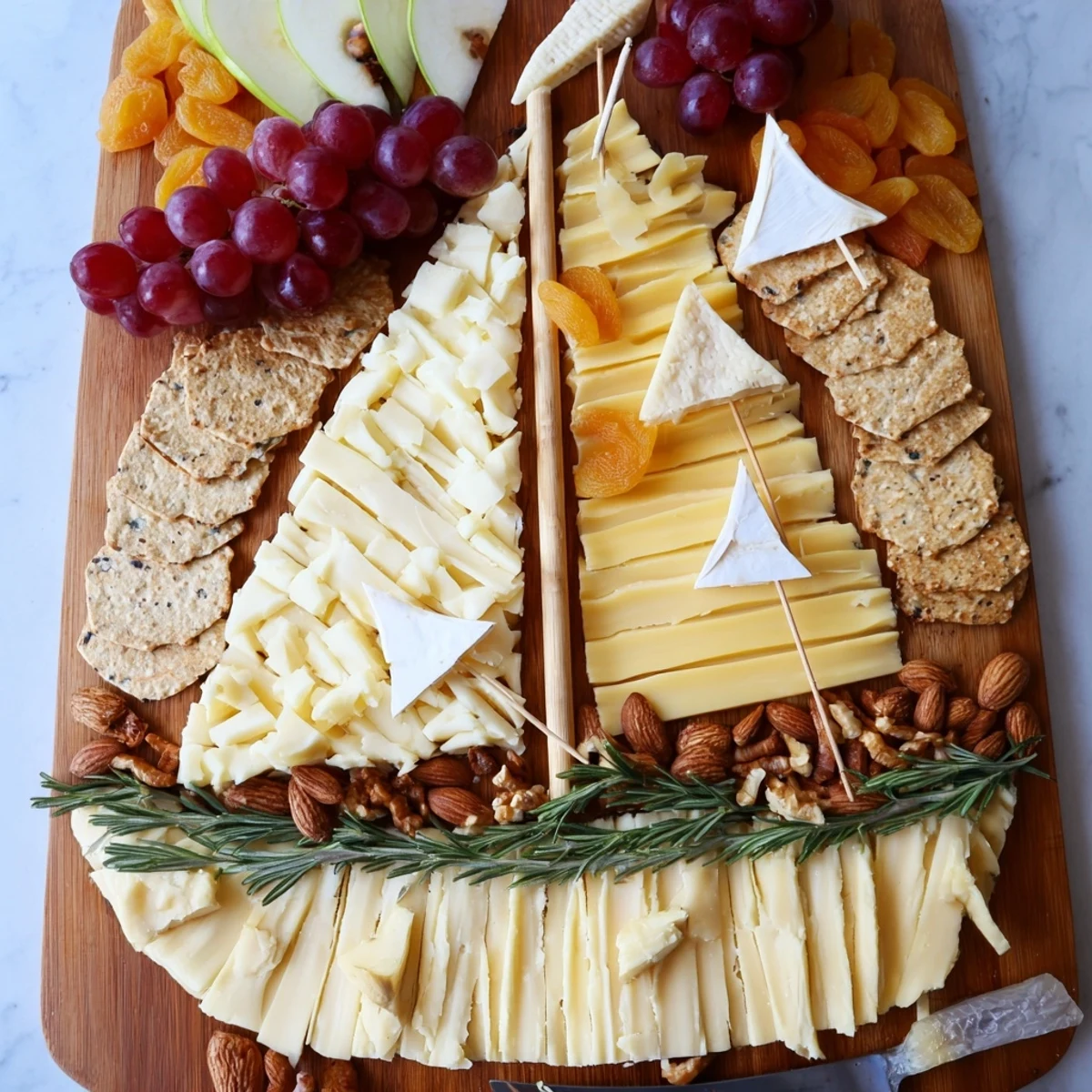 Elegant Sailboat Cheese Platter with colorful fruits and crackers, perfect for an appetizer.