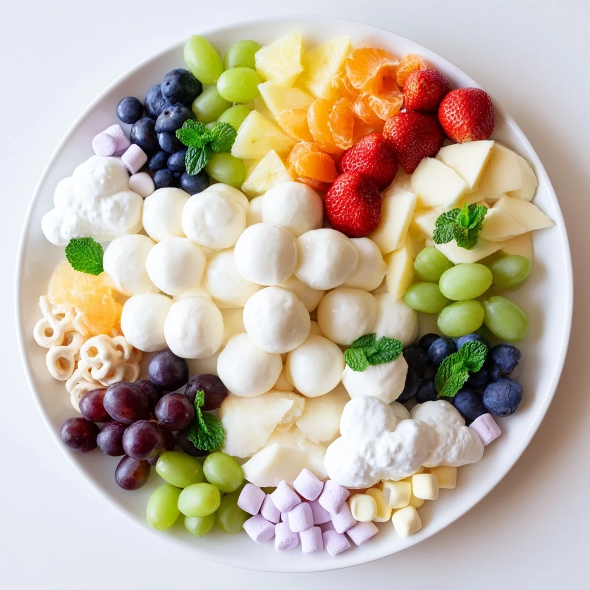 Colorful Cloud & Rainbow Grazing Board with vibrant fruits and cheeses ready to enjoy.