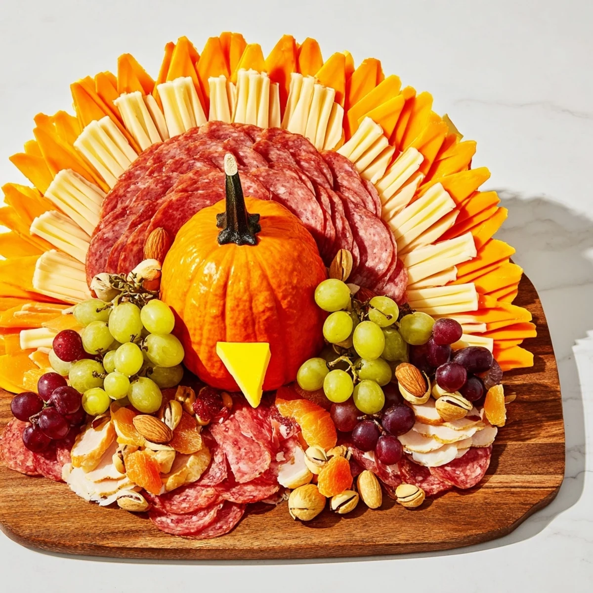 A loaded Wheat Field Thanksgiving Turkey Board: a delicious, colorful spread, perfect for sharing at a party.