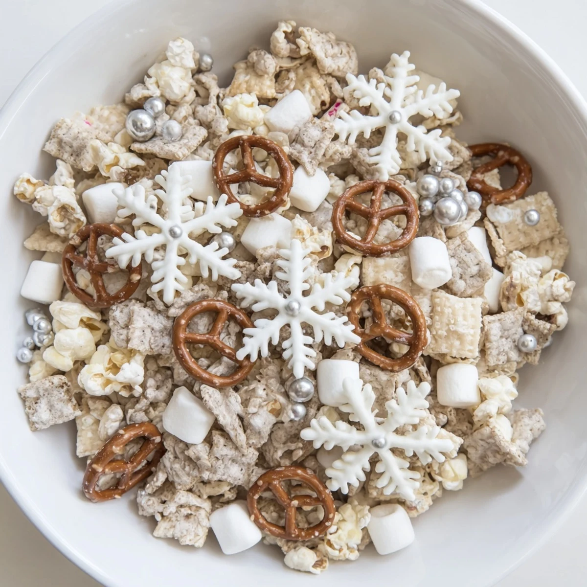 Warm white chocolate coats the Ski Season Snowflake Snack Mix, ready for festive sprinkles.