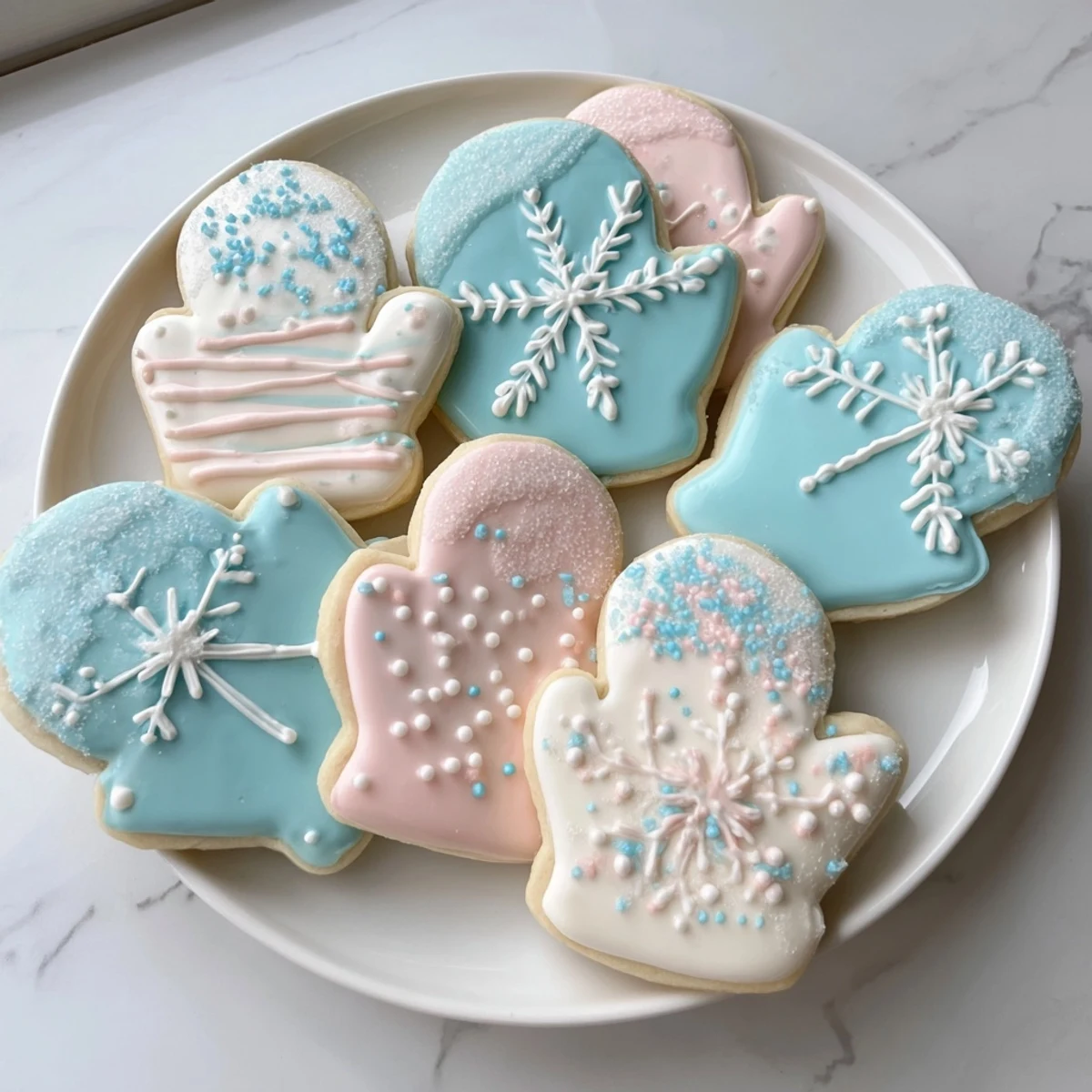 Pyszne, słodkie ciasteczka rękawiczki, ozdobione lukrem w świątecznych kolorach, gotowe do podania.