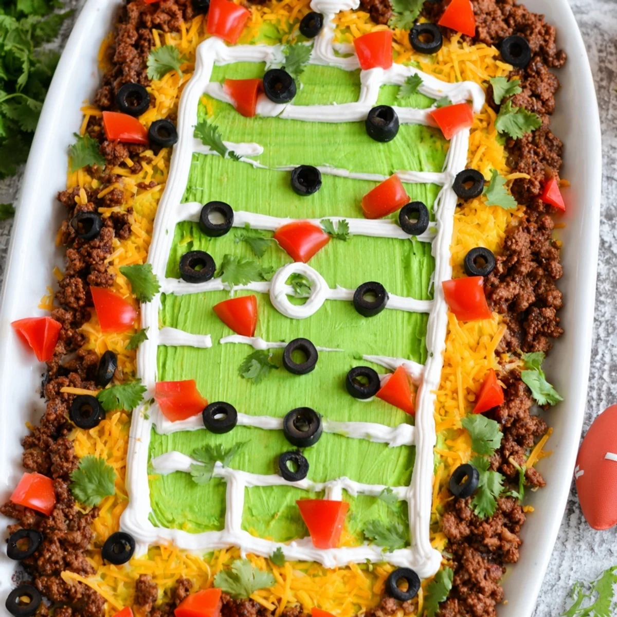 A full shot of an assembled Soccer Field Nacho Platter, ready for a game-day feast.