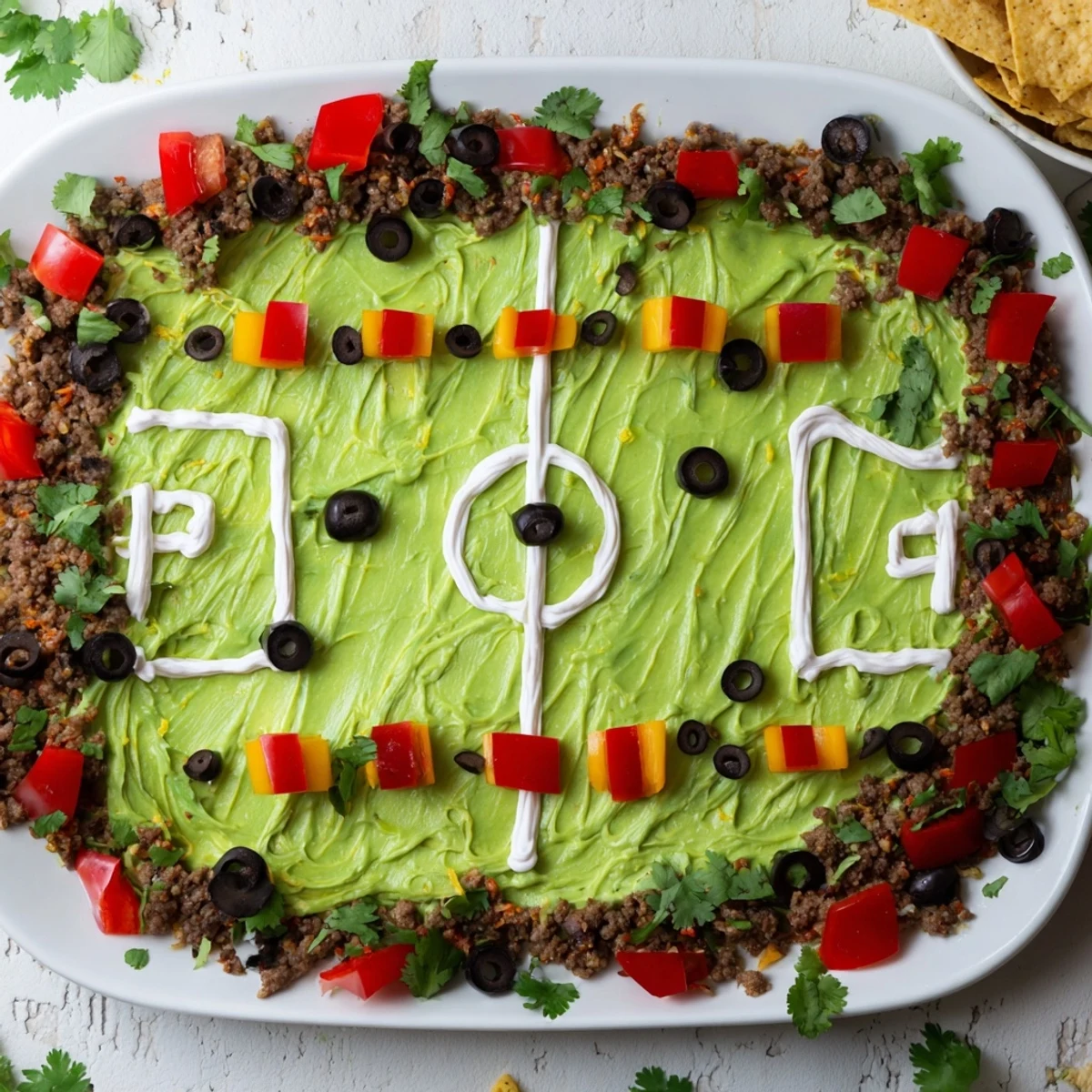 This loaded Soccer Field Nacho Platter features melted cheese, seasoned beef, and fresh toppings galore.