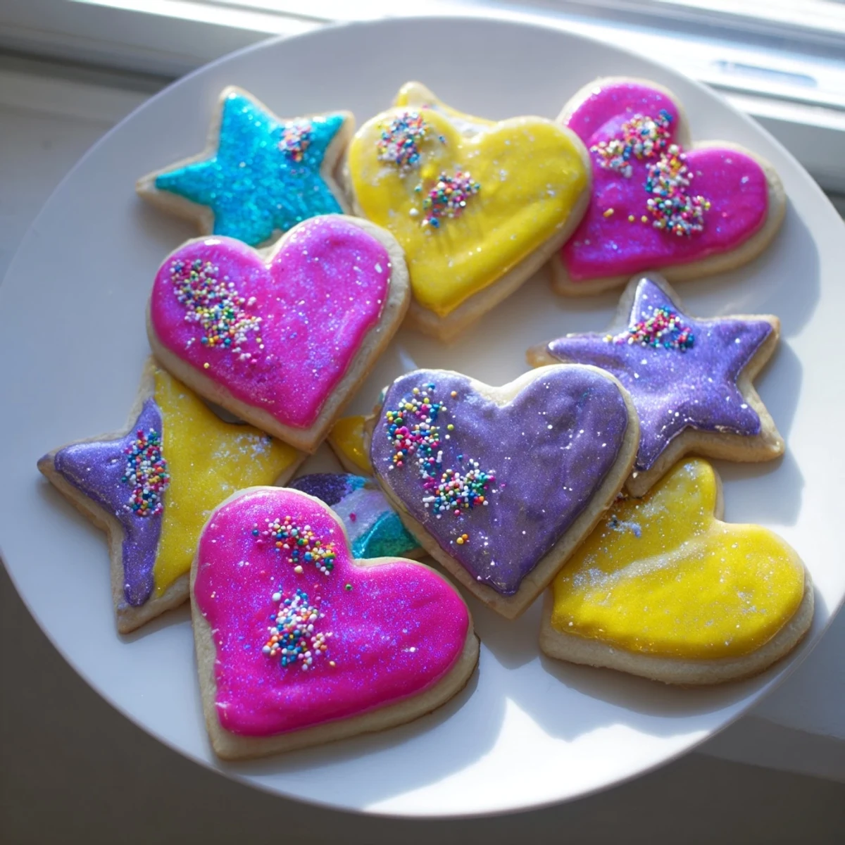 Freshly baked Princess Palace Heart & Star Treats with colorful icing, delicious and enchanting.