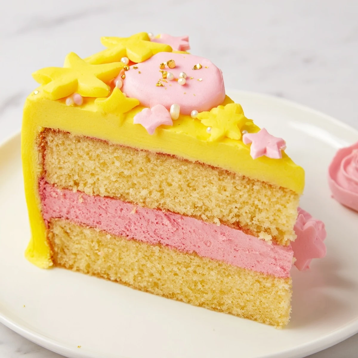 Apetyczny Zamek Księżniczki Cœurs et Étoiles z kremem maślany i zabawne, jadalne dekoracje.