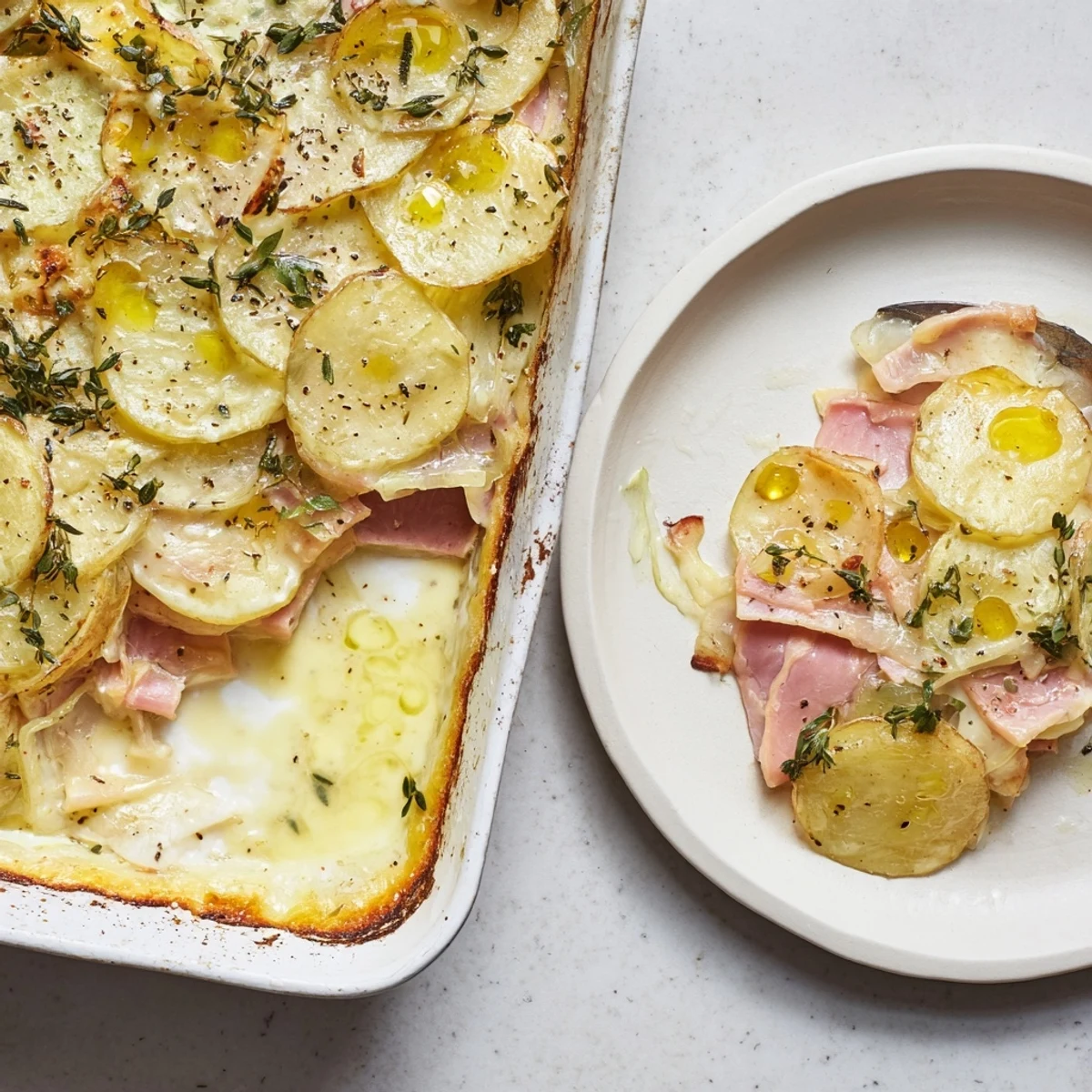 Freshly baked Plateau Moufle Chaud et Confortable showcases layers of creamy potatoes, ham, and Gruyère, ready to savor.