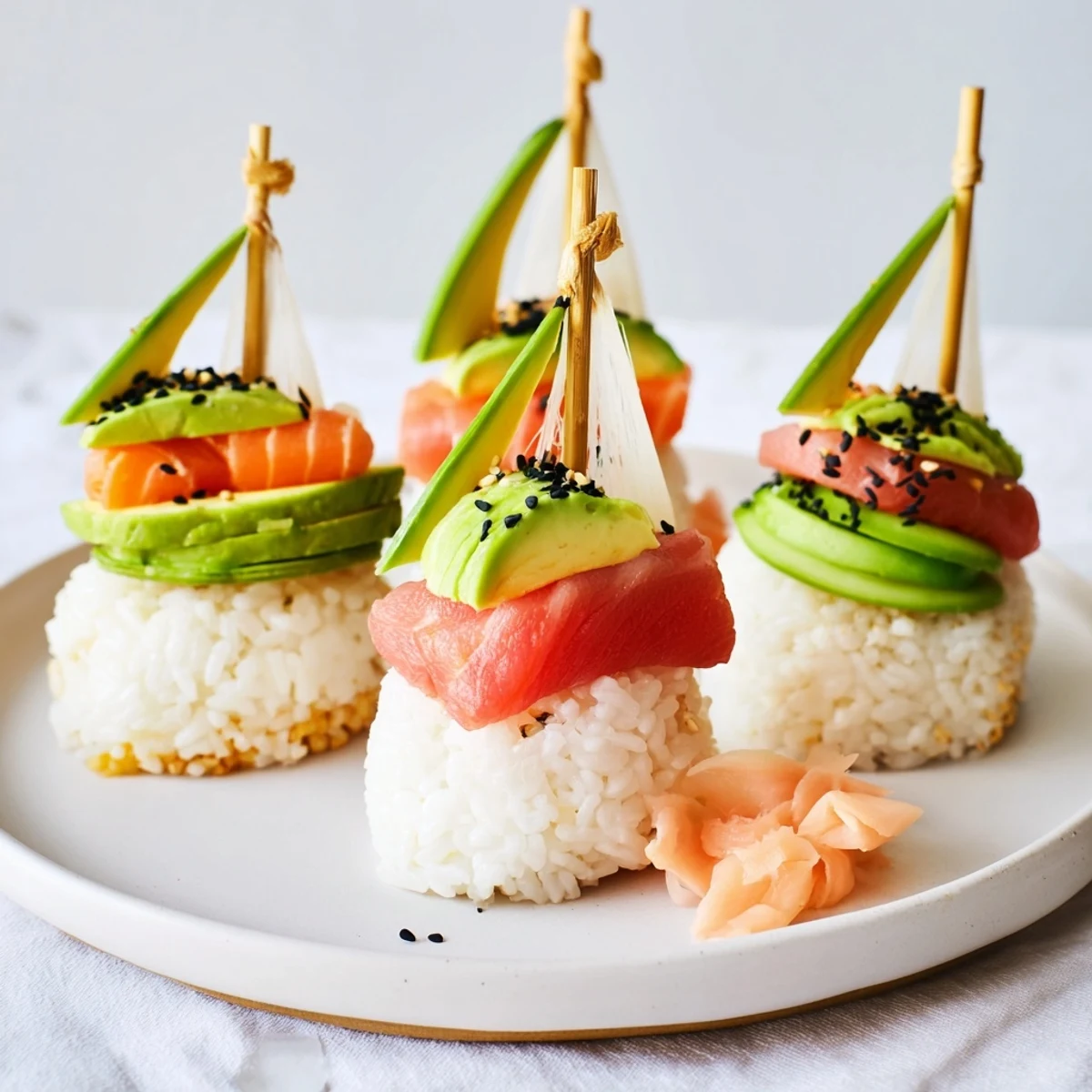 Playful arrangement of sushi sailboats, featuring colorful vegetable sails atop sushi rice and fish.