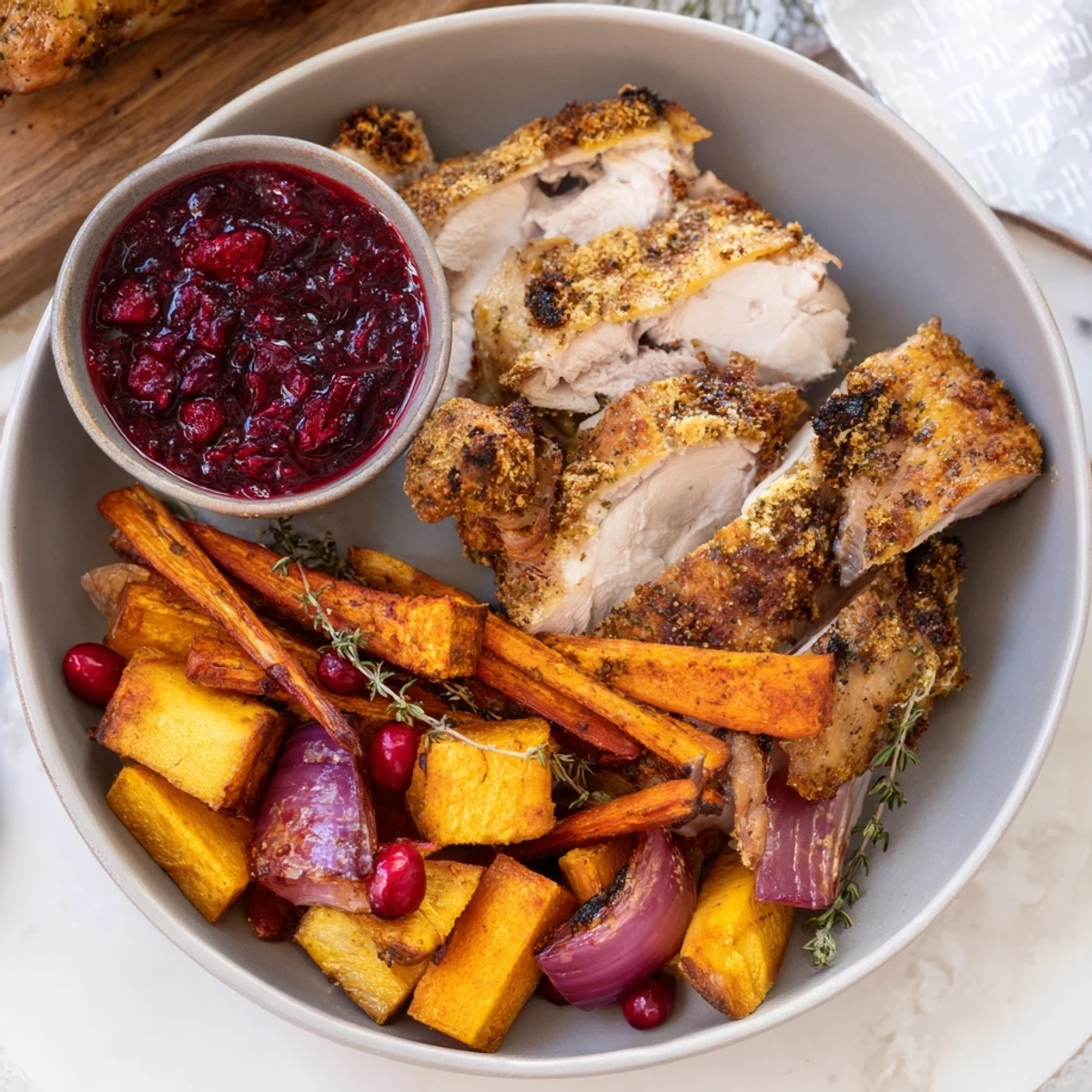 Golden-brown Harvest Turkey Platter featuring roasted vegetables and a vibrant cranberry sauce.