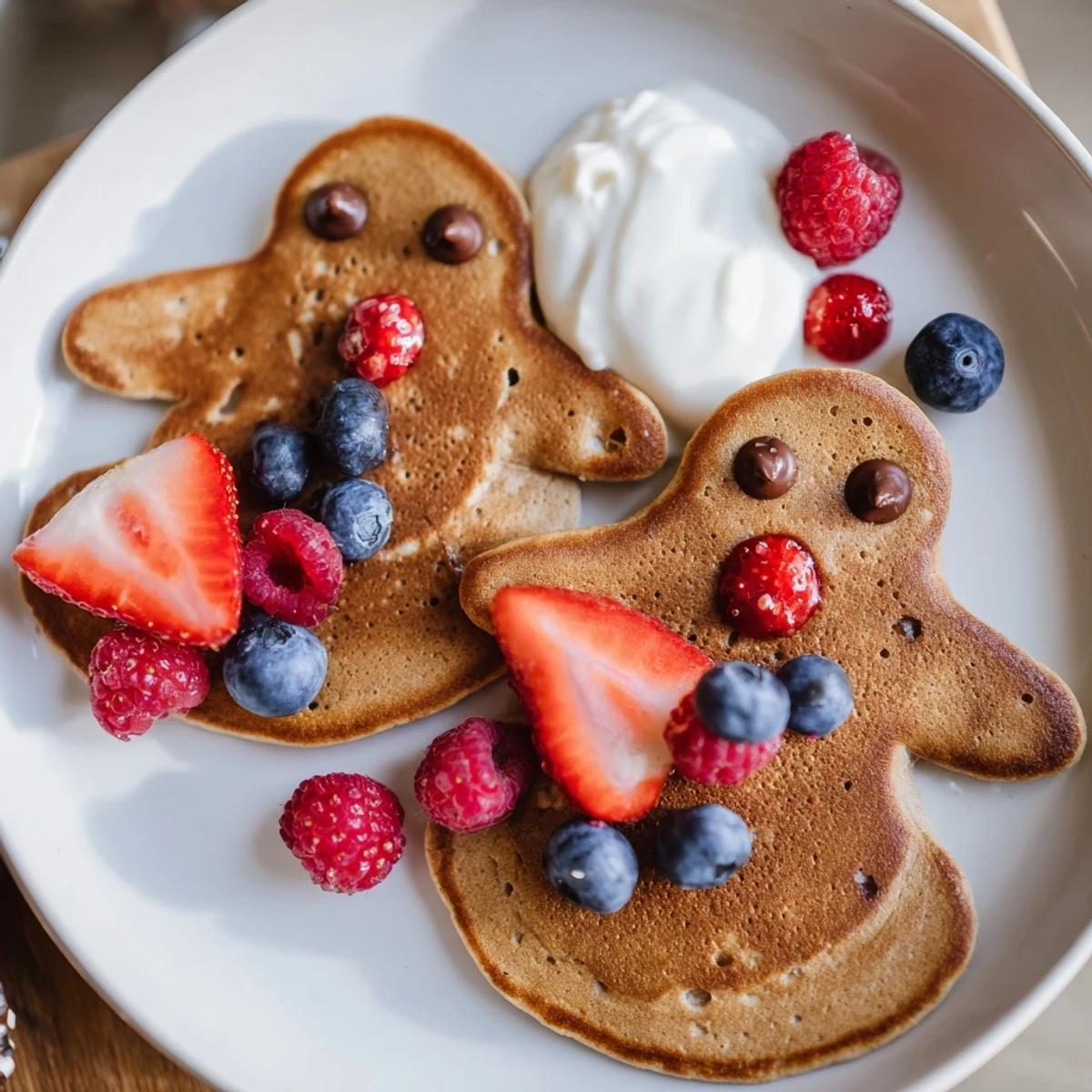 Delicious gingerbread boy pancakes are arranged on a board with yogurt and fresh berries.