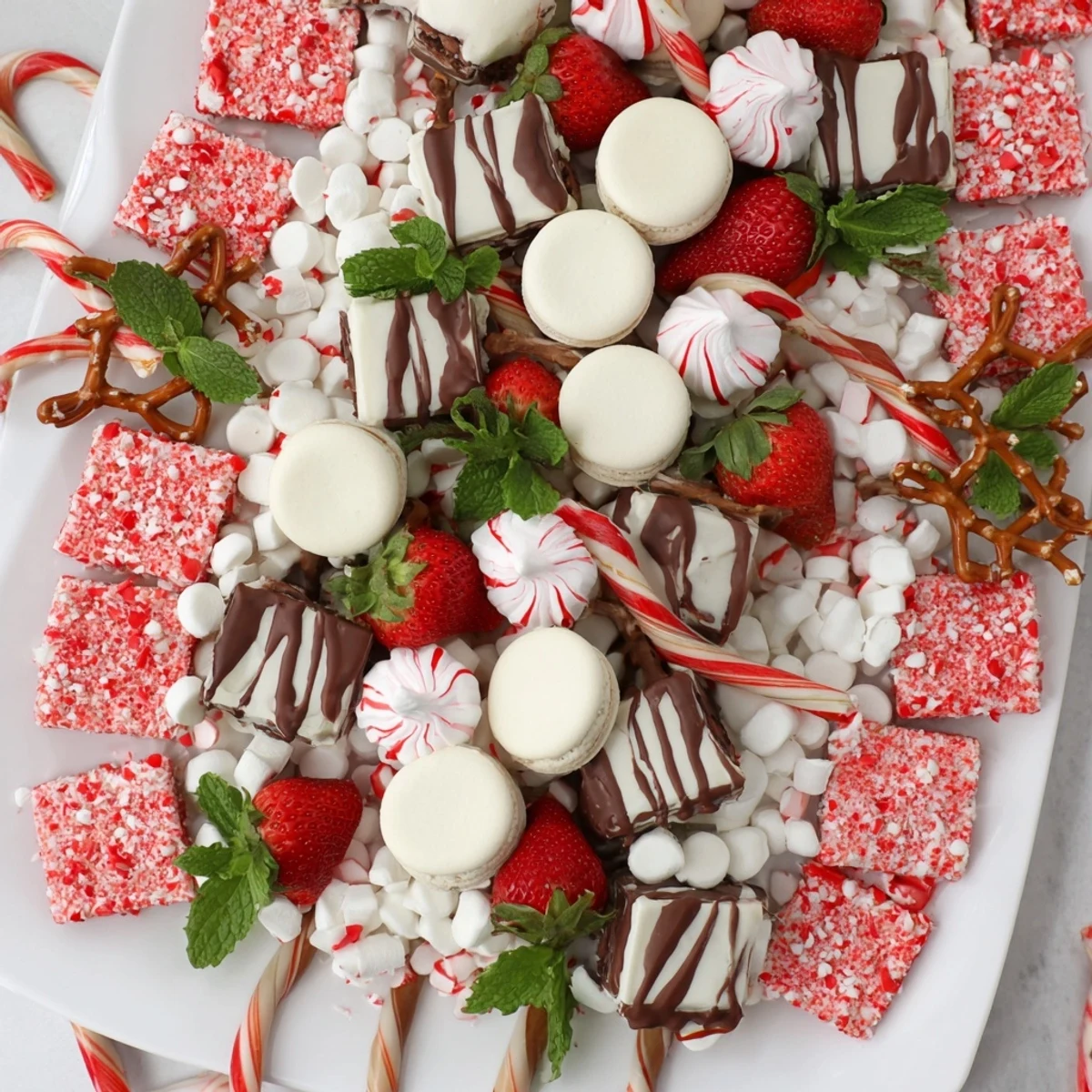 Świąteczna Candy Cane Dessert Platter prezentuje słodkie przysmaki z rozgniecionymi cukierkami i miętą.