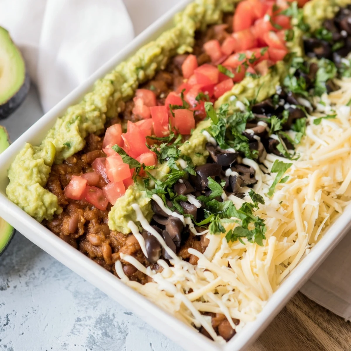 Football Field Dip Platter: A vibrant layered dip with a guacamole "field", ready to serve.