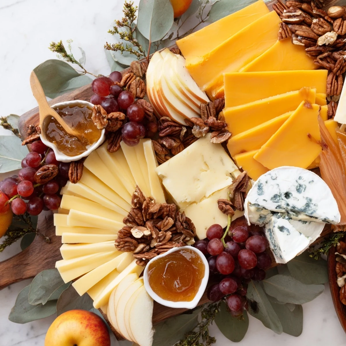 A colorful Winter Cabin Cheese Display with an assortment of cheeses, fruits, and nuts.
