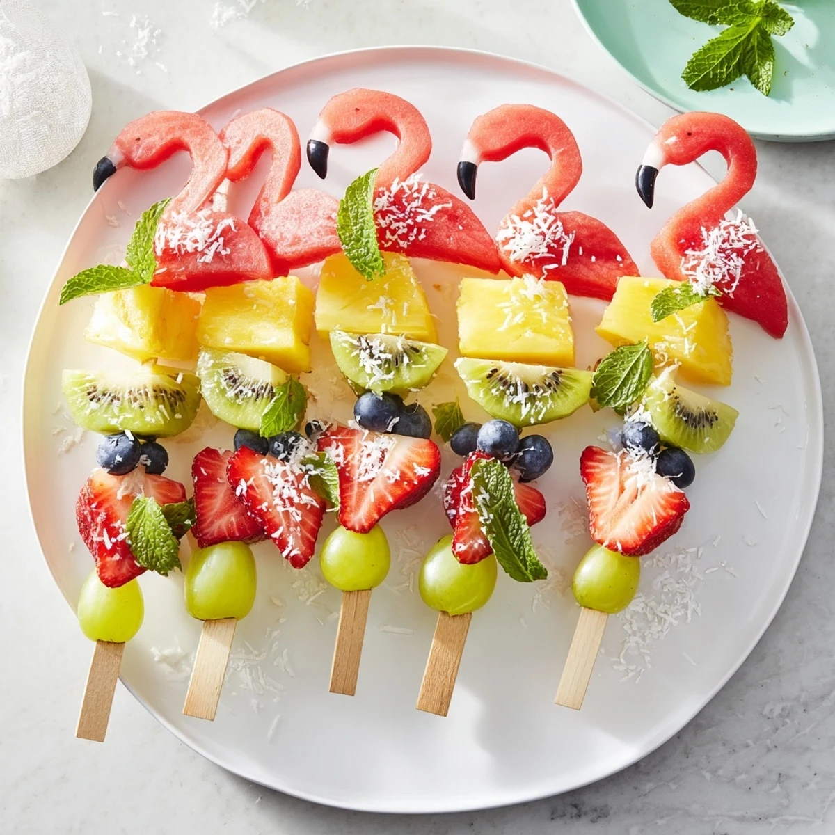 Wspaniały widok: Flamingo Fruit Skewer Platter z różnorodnymi owocami, idealny na przyjęcia w upalne dni.