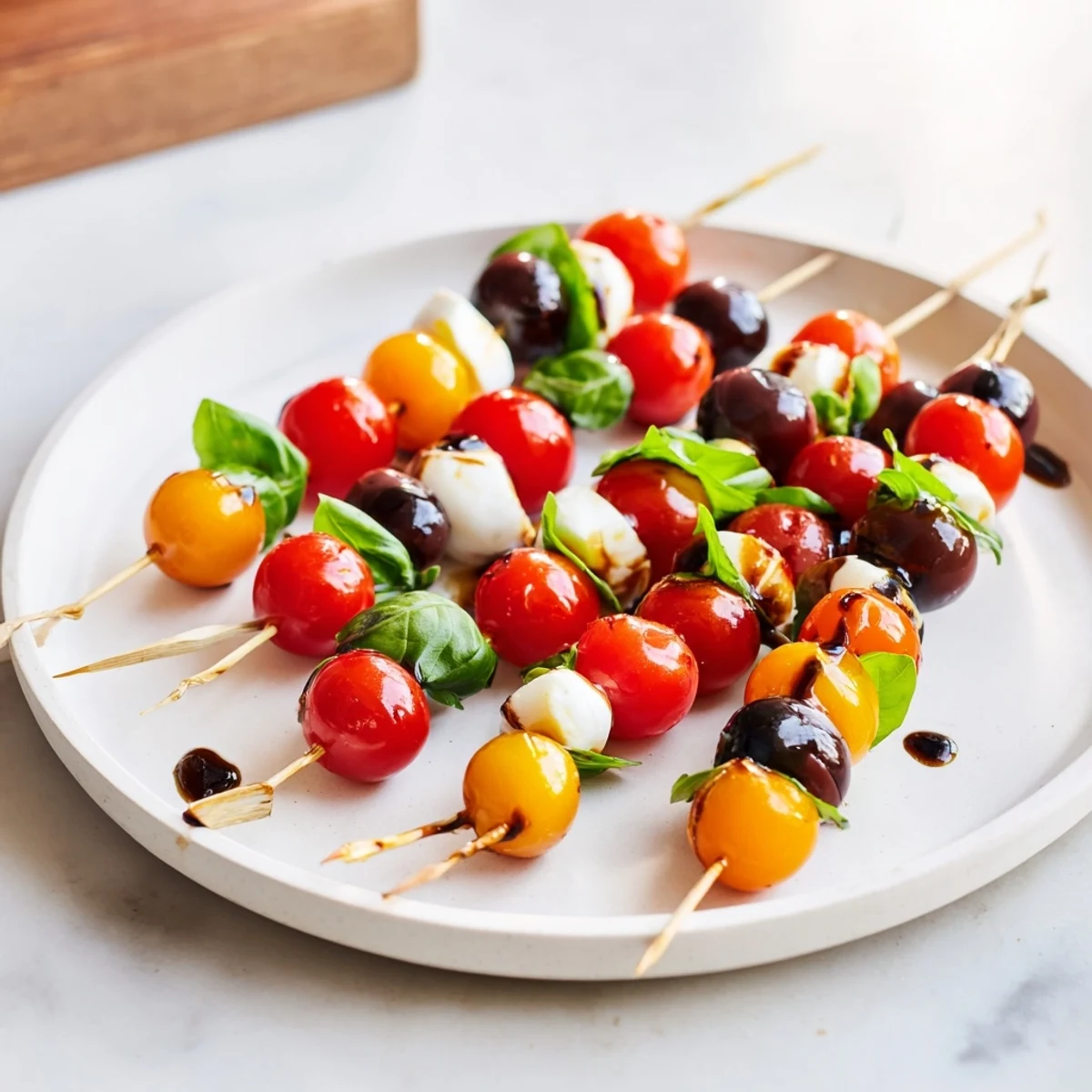 Christmas Lights Olive and Tomato Skewers arranged on a platter, ready for your holiday appetizer.
