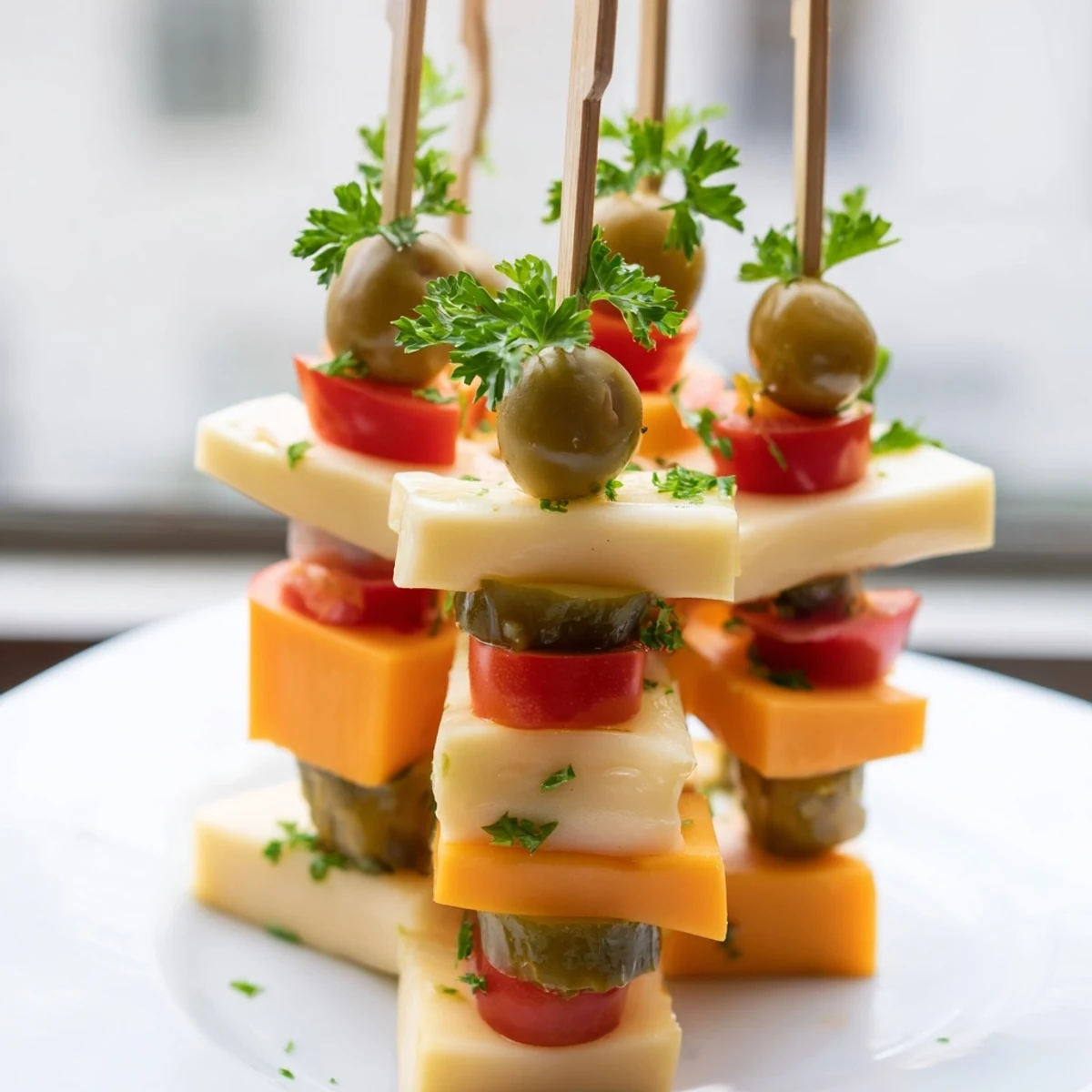 Party-ready: the Festive Cube Cheese Stack with a variety of cheeses and green olive garnishes.