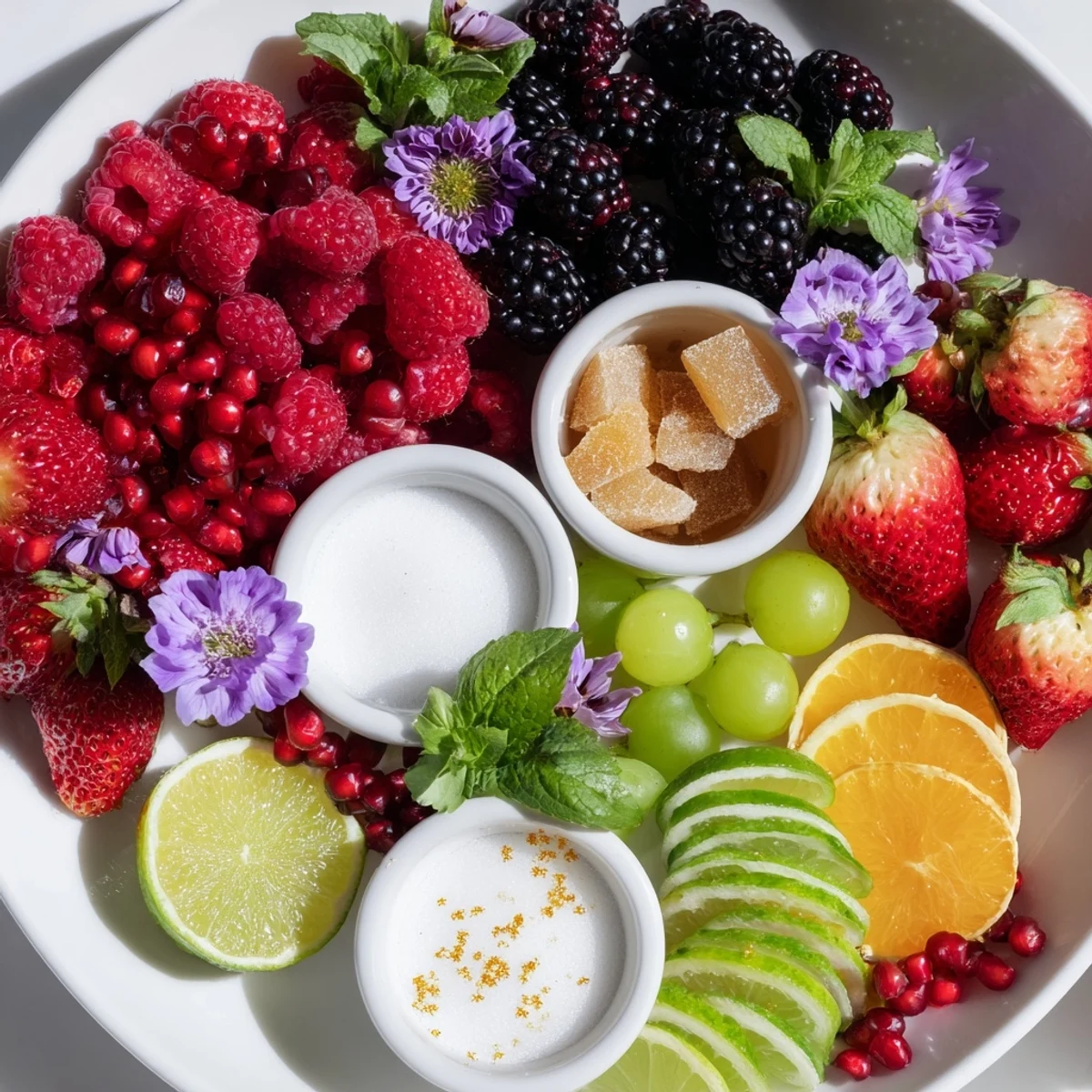 Vibrant arrangement of a Bubbly Bar Garnish Platter, with citrus wheels, berries, herbs, and sparkly edible glitter.