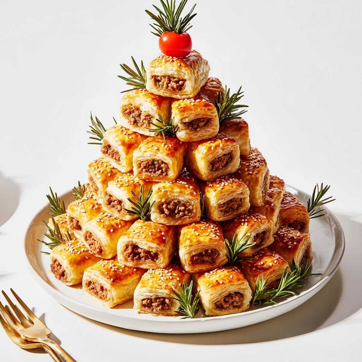Złociste, kruche rolady z nadzieniem z kiełbasy w kształcie bożonarodzeniowej choinki, gotowe do podania.