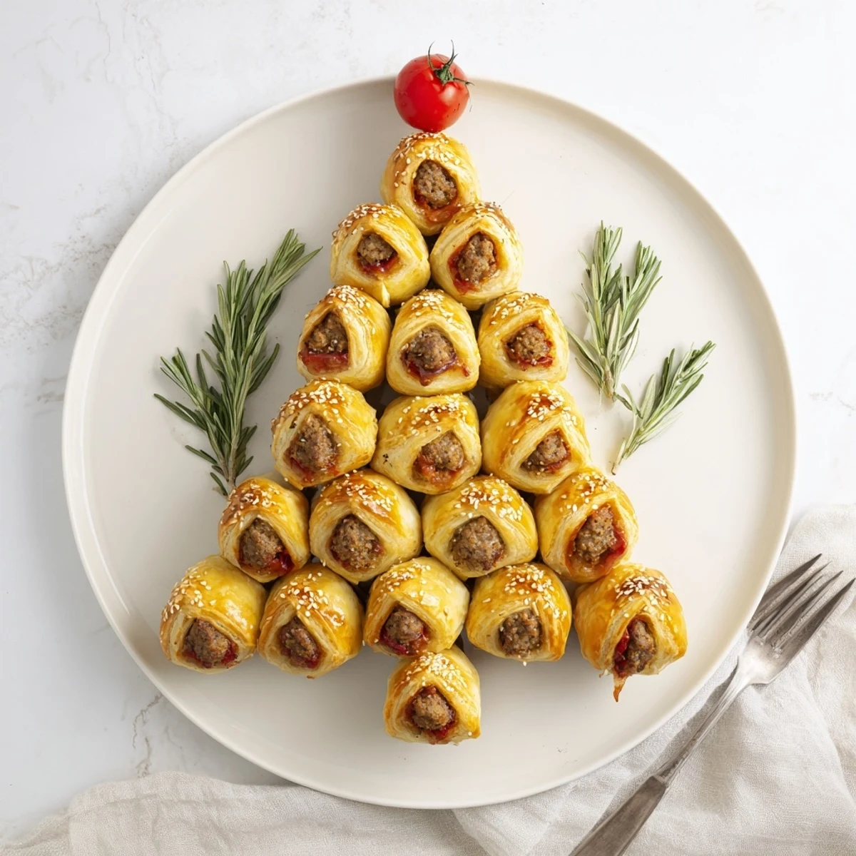 Aromatyczne mini rolady z kiełbasą i przyprawami, uformowane w kształt drzewka, serwowane z miodowo-musztardowym dipem.