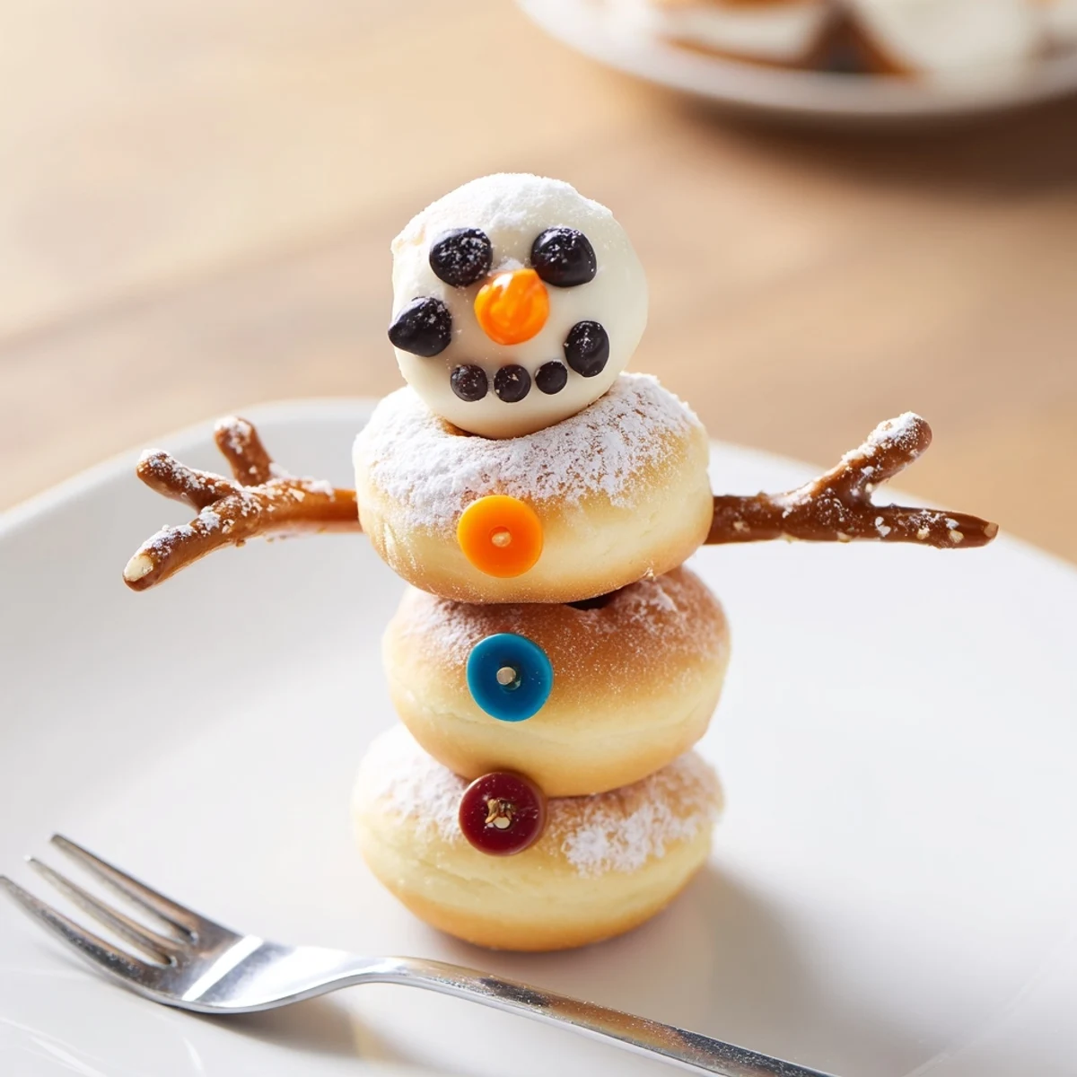 Delightful mini donut snowmen with orange noses and chocolate chip smiles, ready for eating.