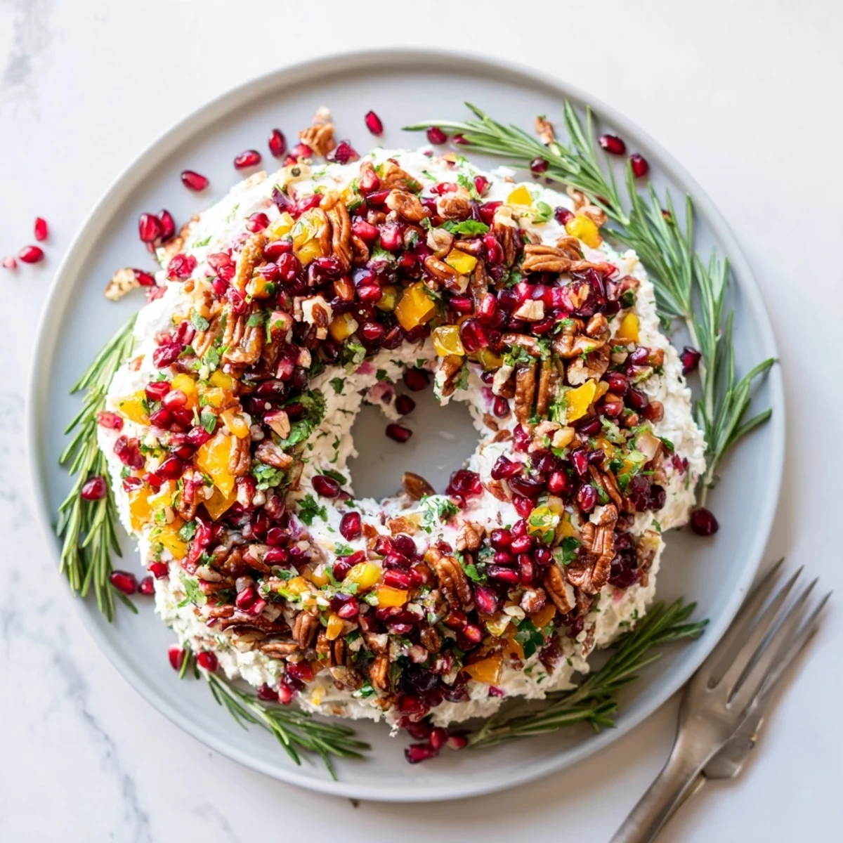 Kremowy Cranberry Feta Dip Wreath, idealny na świąteczne przyjęcie, serwowany z krakersami.