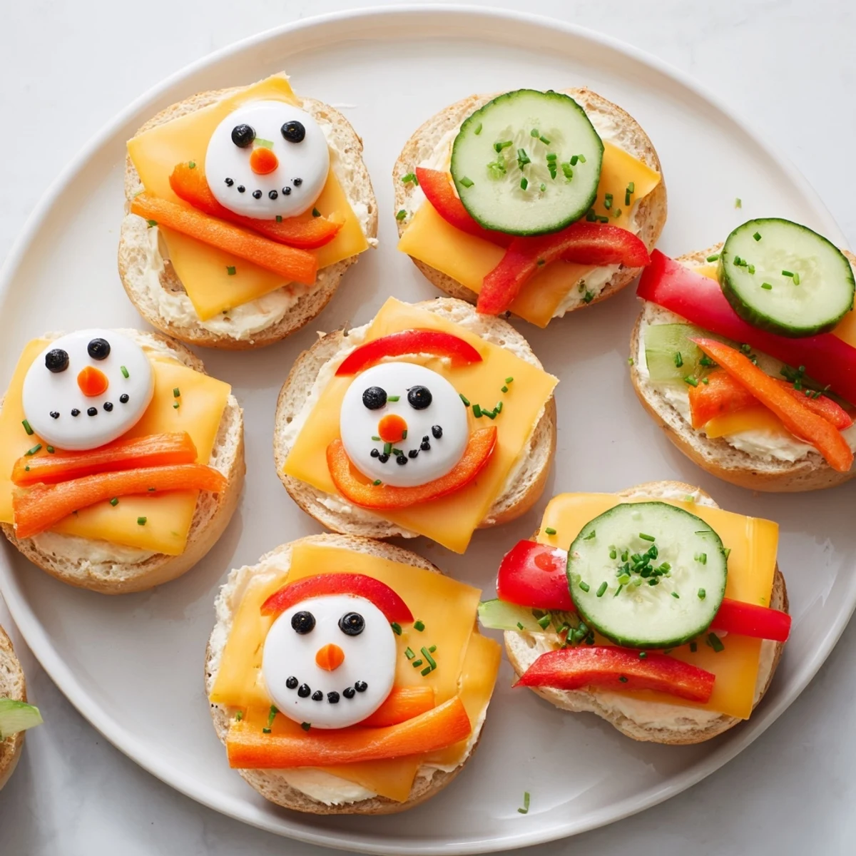 Adorable close-up of Snowman Mini Bagel Sandwiches ready to eat, perfect for a joyful holiday meal.