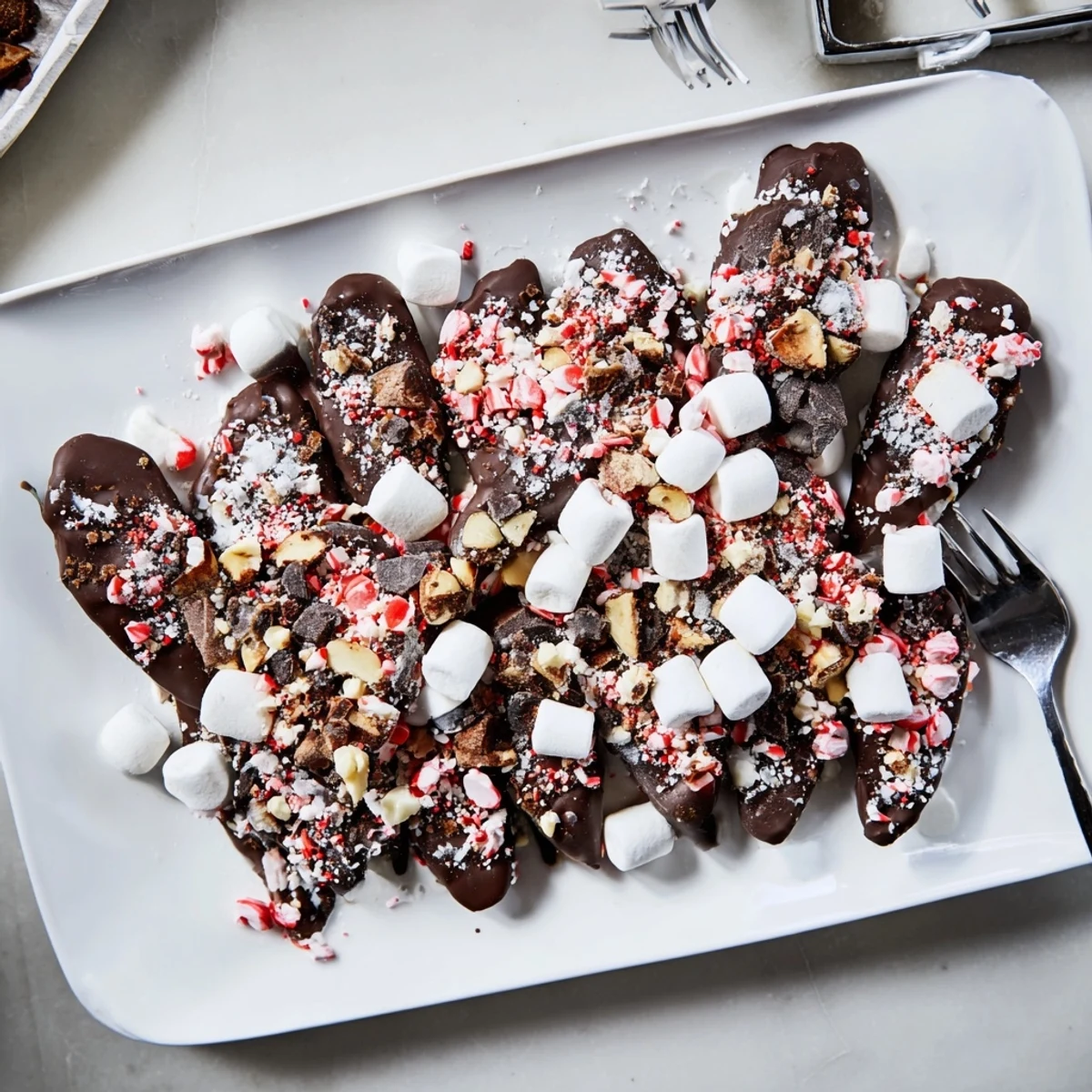 Dark chocolate-covered Hot Chocolate Spoon toppings board, ready for cozy hot drink enjoyment.