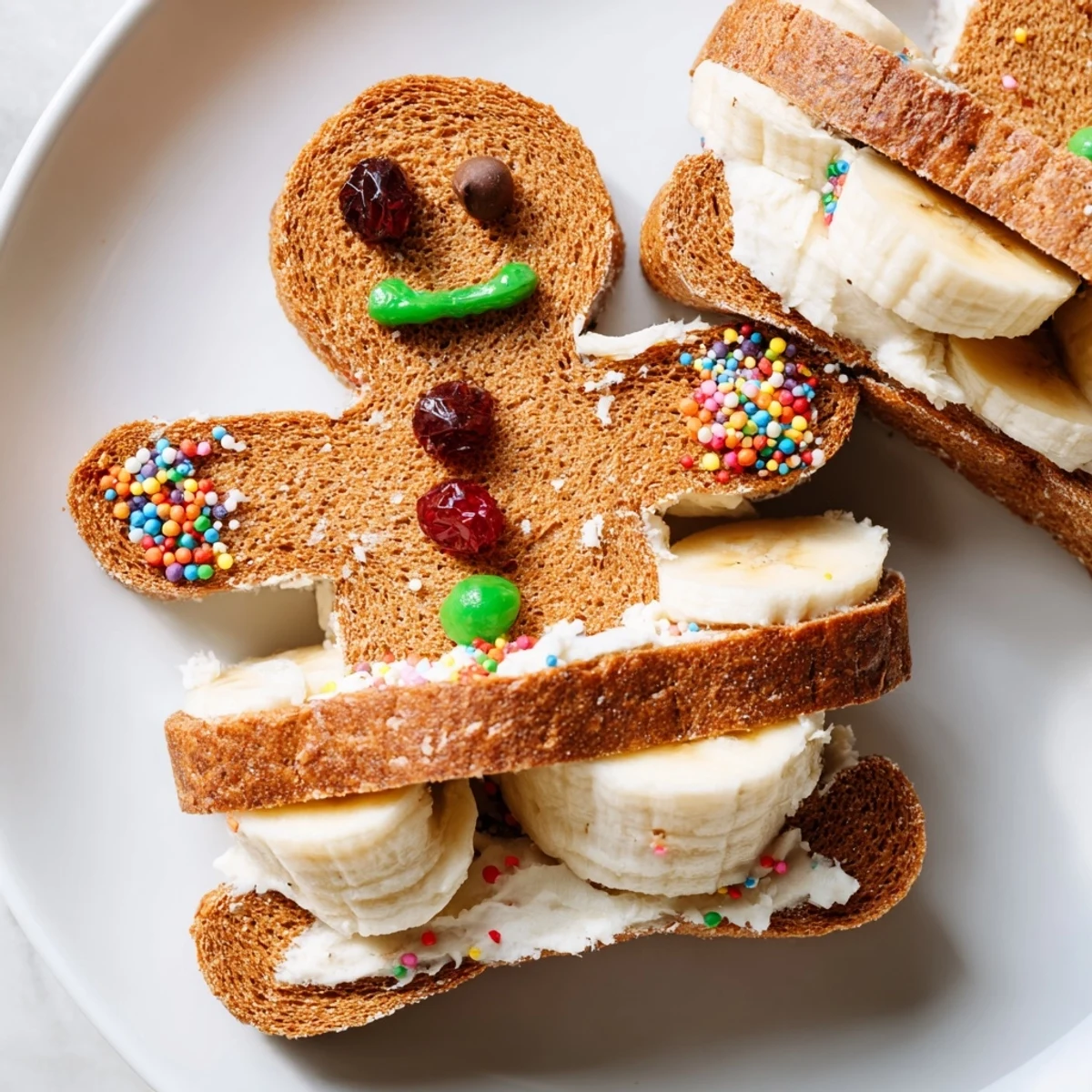 Smiling gingerbread man sandwich cutouts with fruit and sprinkles, a lunchtime treat.