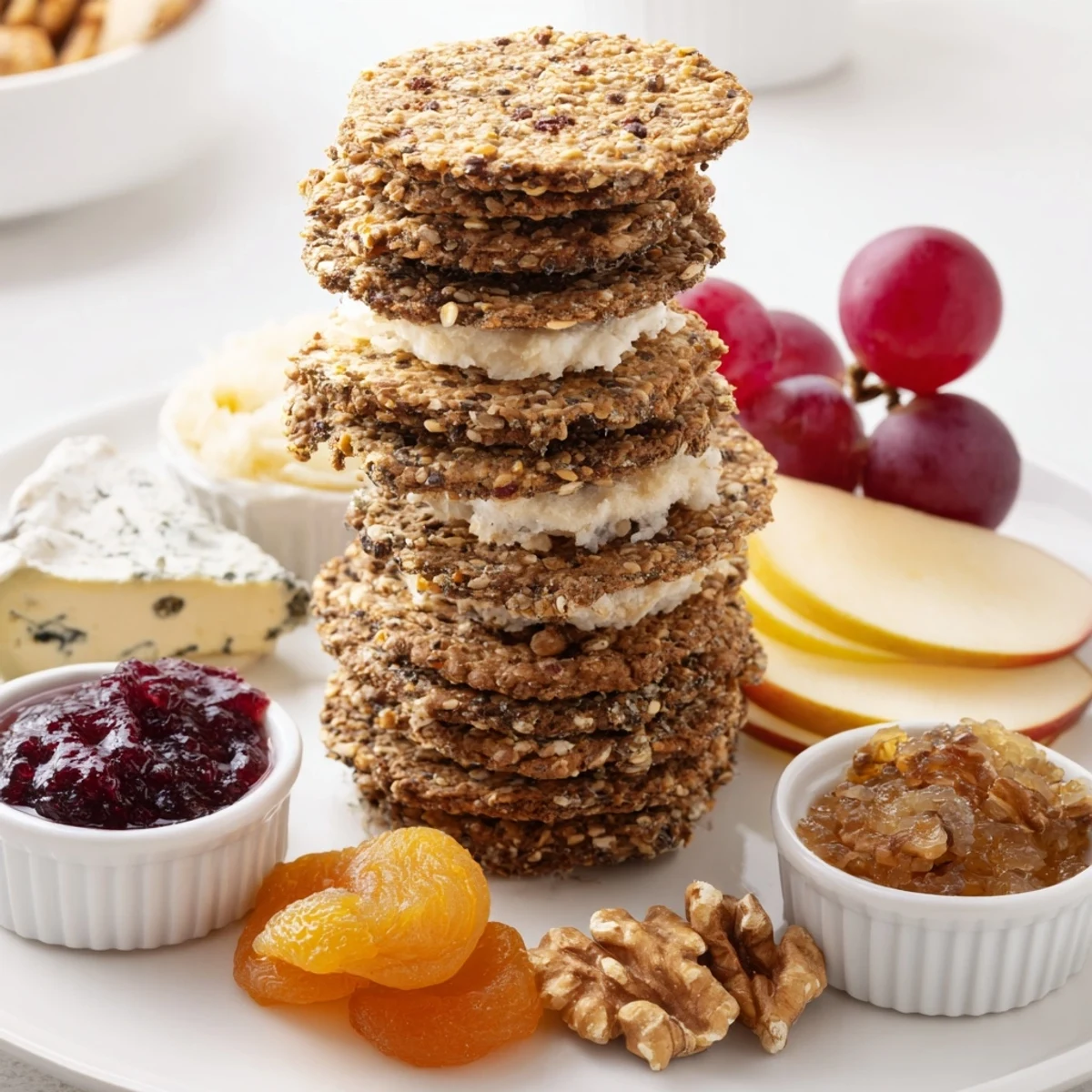 A beautiful display of Gourmet Crackers featuring fruits, nuts, and delicious preserves.