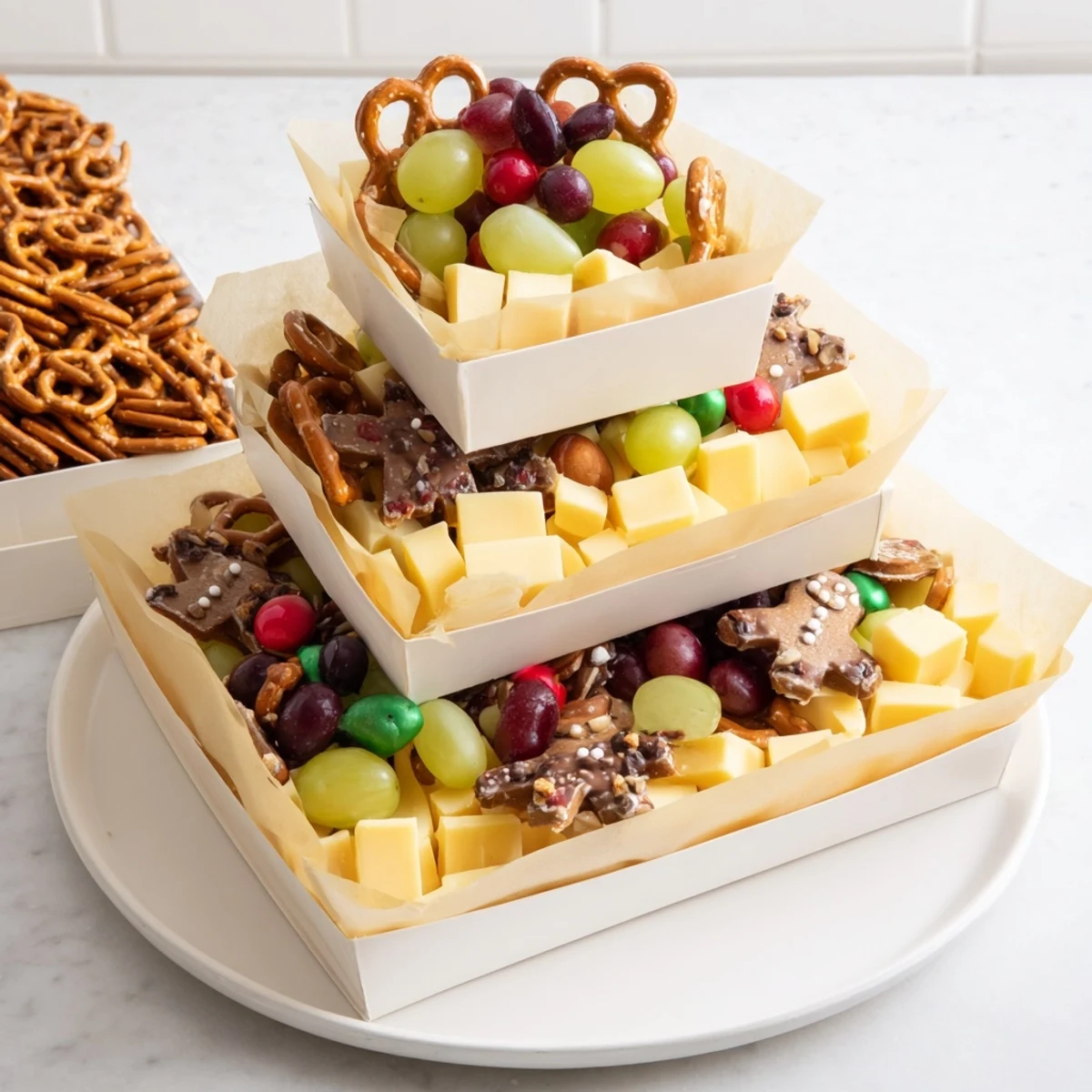 Delicious Stacked Christmas Gift Snack Tower overflowing with colorful candies, cheese cubes, and treats.