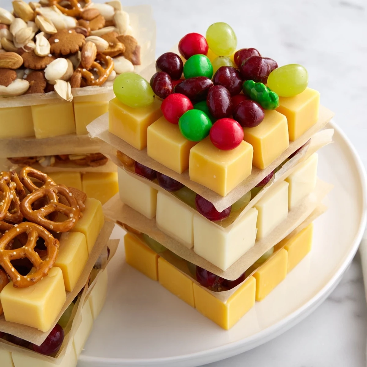 Vibrant photo of a Stacked Christmas Gift Snack Tower presentation, perfect for a festive party appetizer.