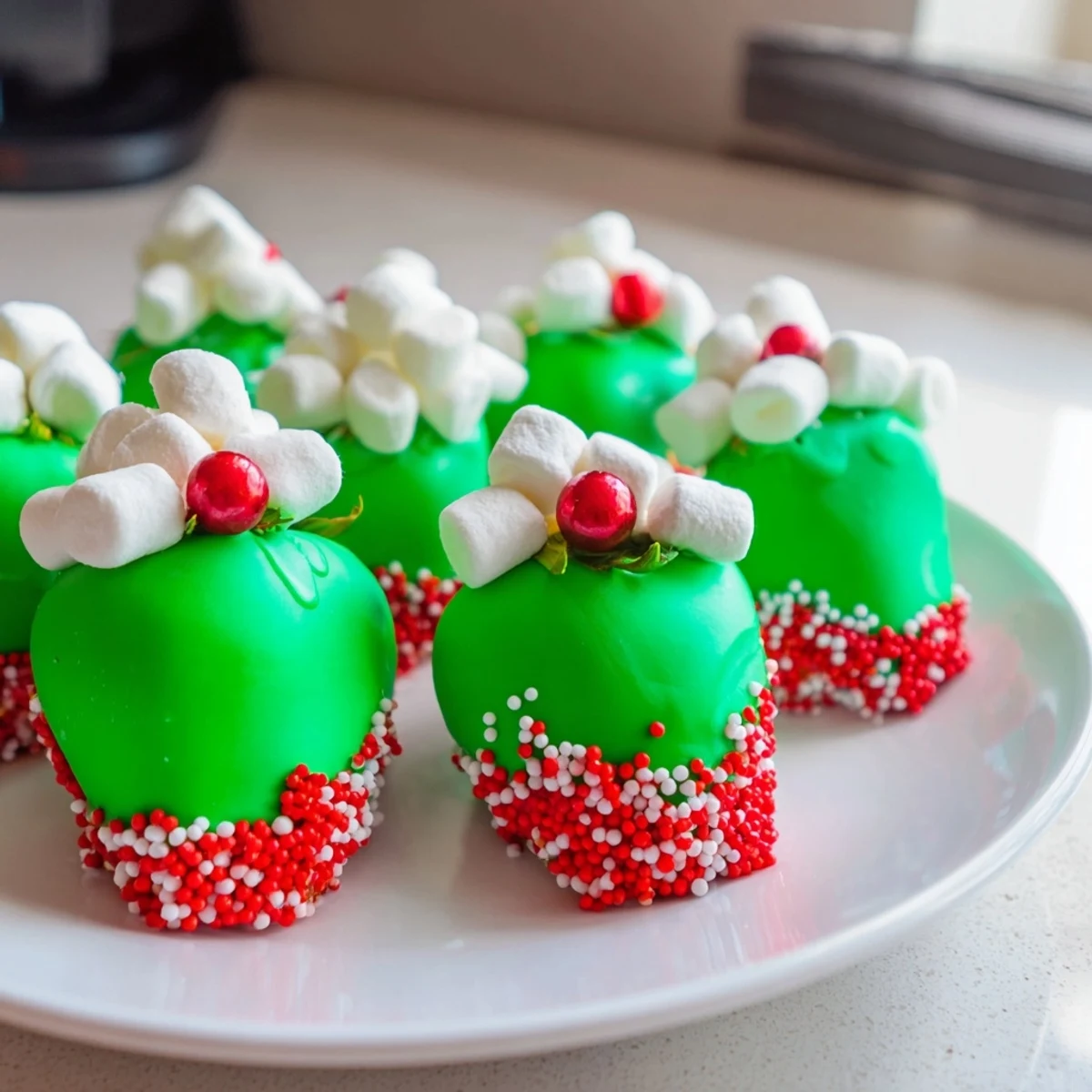 Elf hat chocolate dipped strawberries gleam, a colorful holiday dessert ready to enjoy.