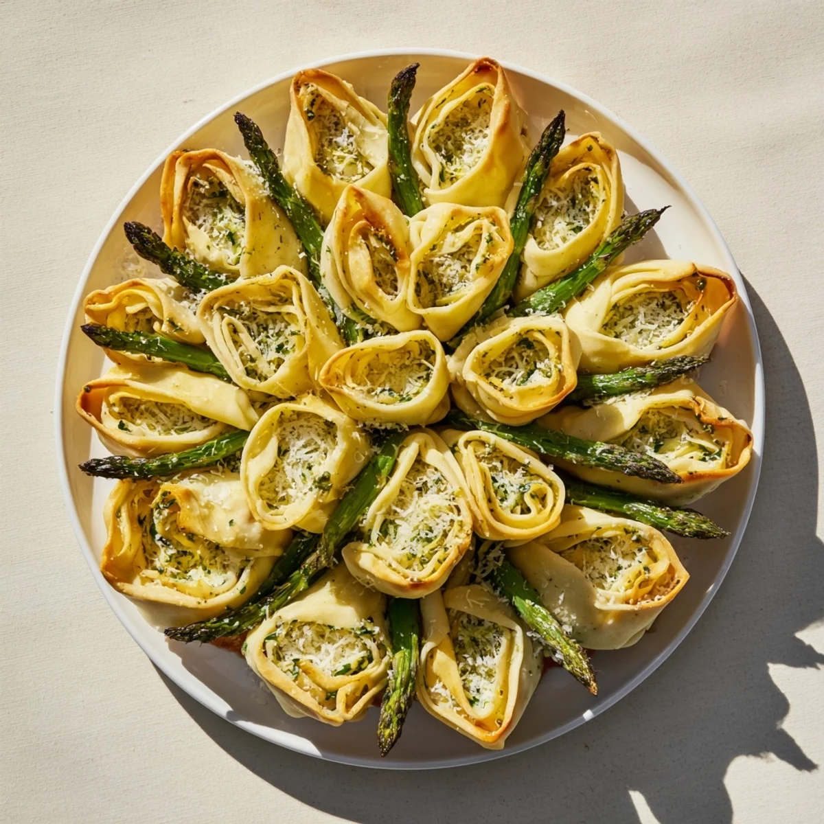 Golden-brown Star Shaped Asparagus Bundle Wraps, a delightful appetizer ready for serving warm.