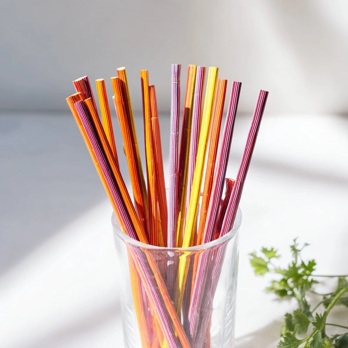 Rainbow carrot sticks served cold in tall glasses, a refreshing and colorful crudités appetizer.