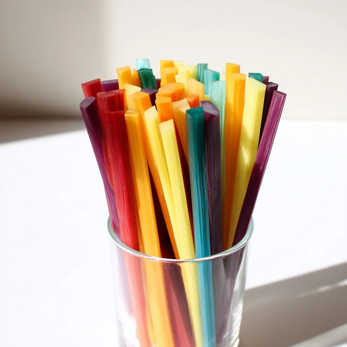 Chilled rainbow carrot sticks, displayed in tall glasses, make a lovely and simple crudités.
