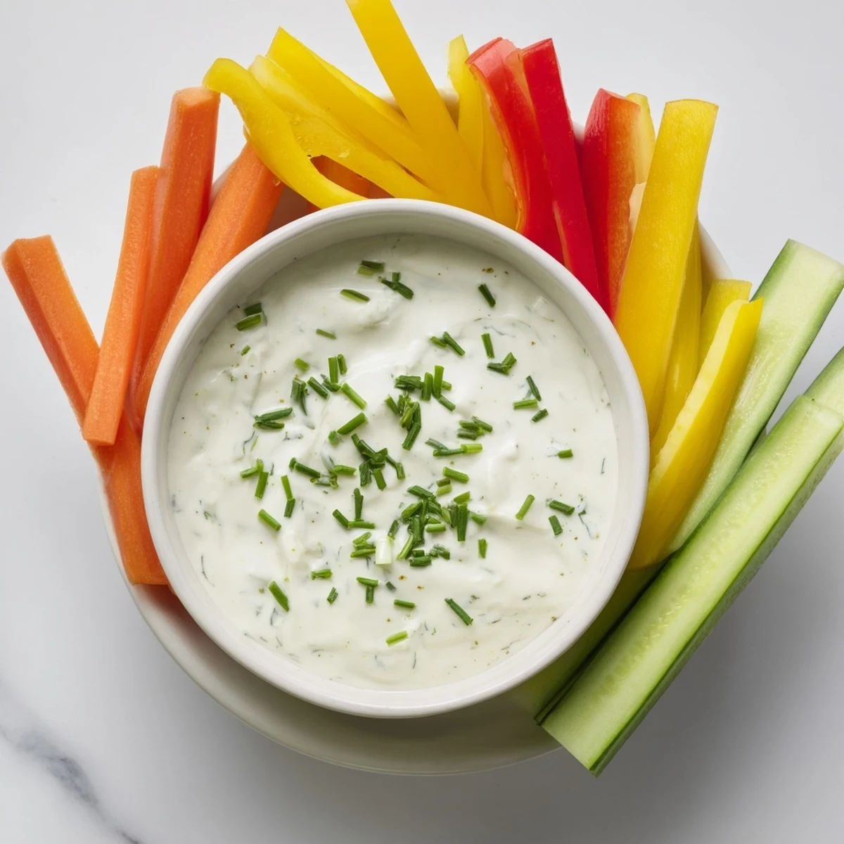 KIDS Dip: Cream Cheese and Ranch Dip Recipe with vibrant veggie sticks perfect for dipping.