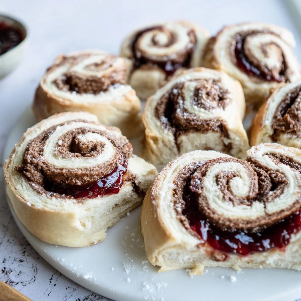 Simple PB&J pinwheel rolls, sliced and ready: a delightful snack with peanut butter and jelly swirls.