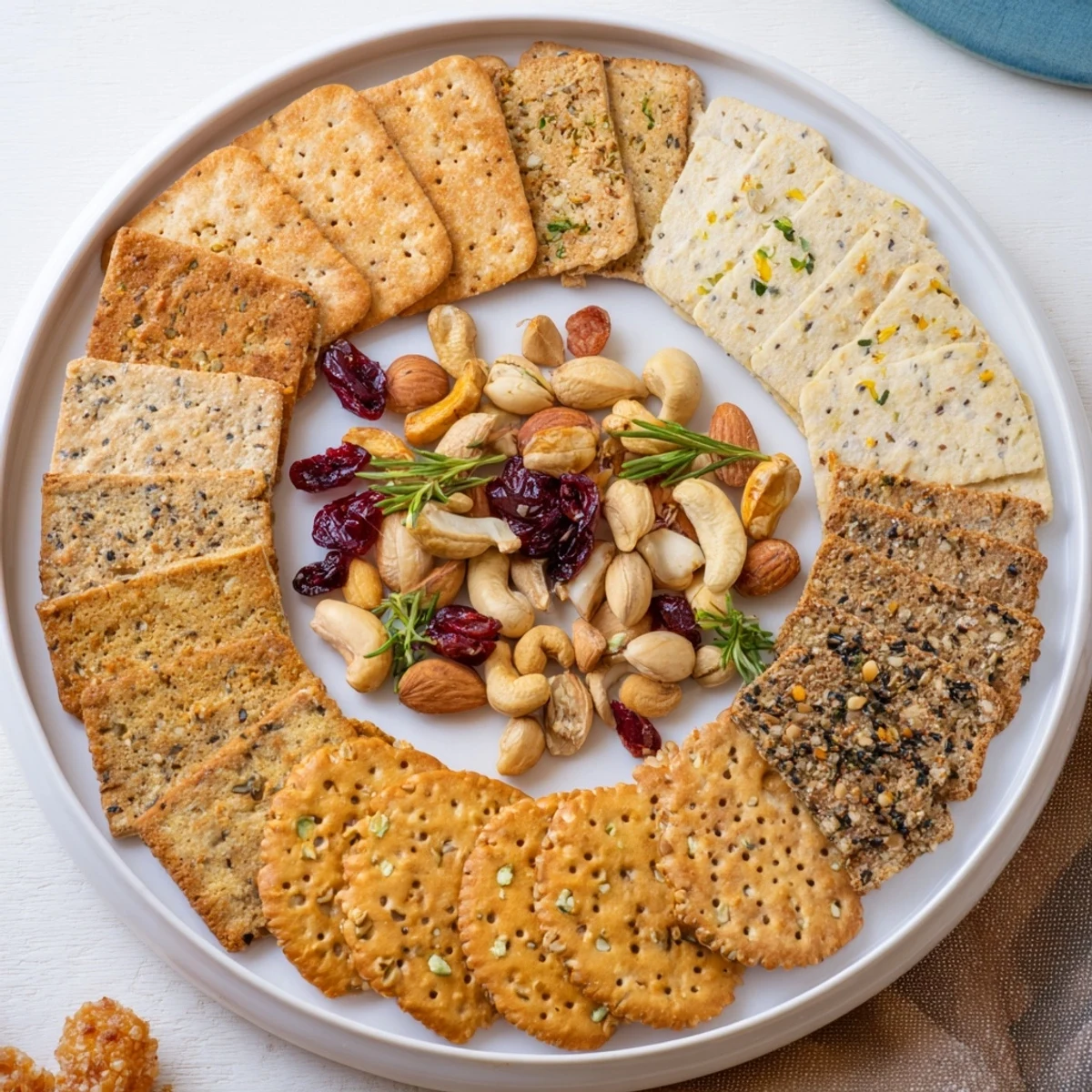 Świąteczne krakersy, pięknie ułożone na półmisku, idealne na świąteczny stół i deskę serów.